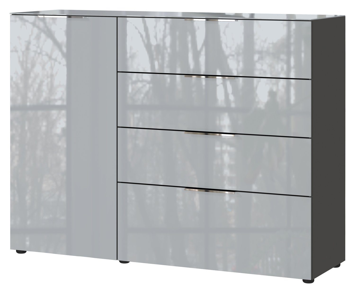 GERMANIA Sideboard OAKLAND, Graphitfarben, Silbergrau, 1 Tür, 4 Schubladen, Fronten aus Glas, B 132 x H 102 x T 42 cm