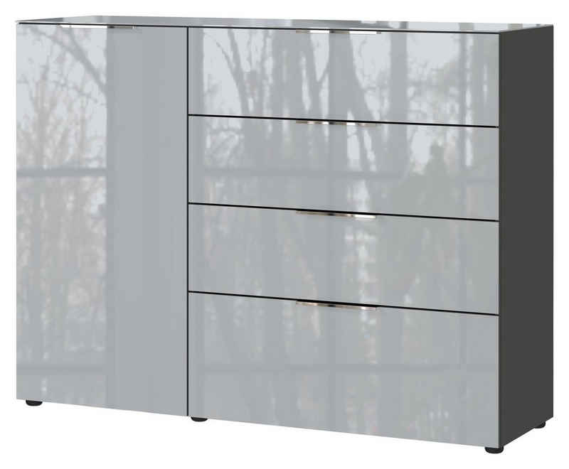 GERMANIA Sideboard OAKLAND, Graphitfarben, Silbergrau, 1 Tür, 4 Schubladen, Fronten aus Glas, B 132 x H 102 x T 42 cm