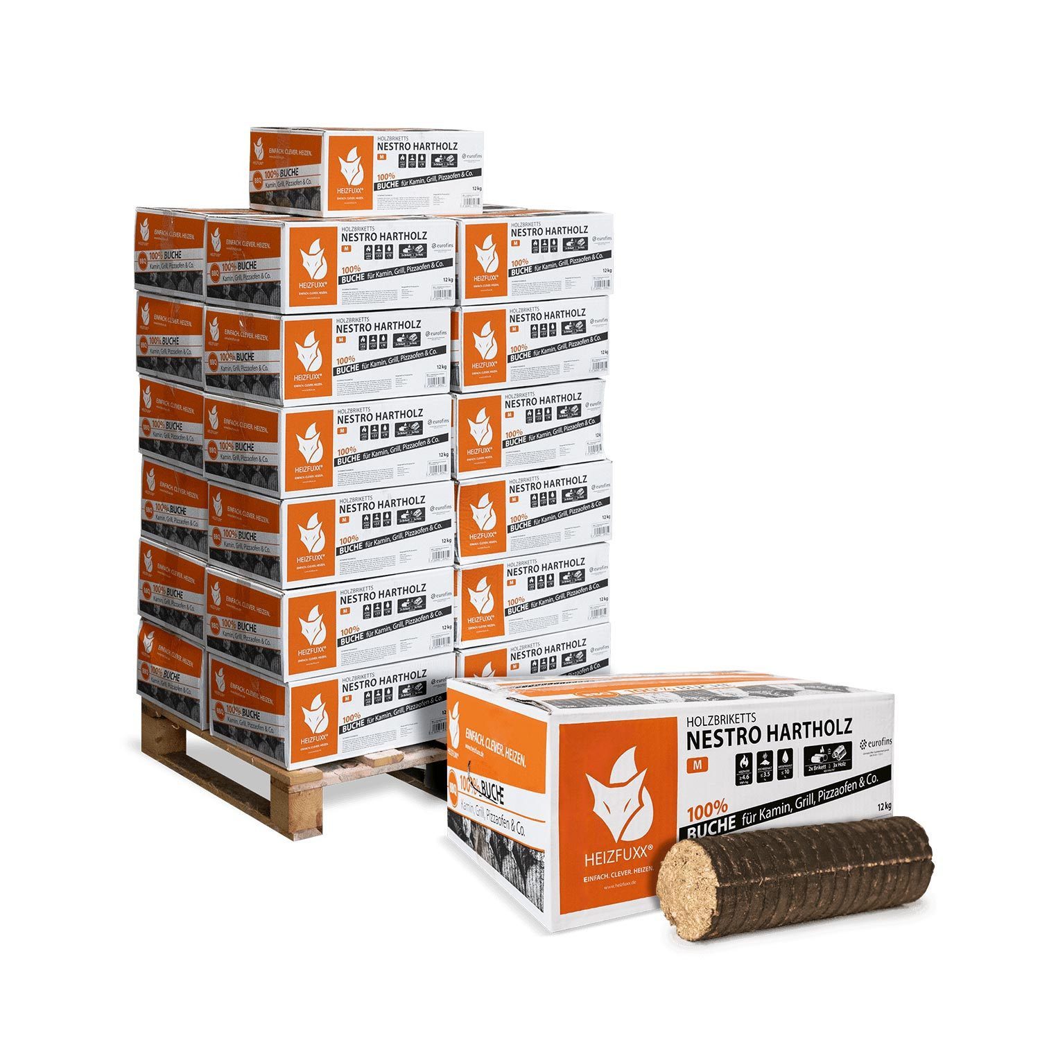 HEIZFUXX Holzbriketts Nestro M Holzbriketts Hartholz im Karton, 300 kg, (Palette, 25-St)