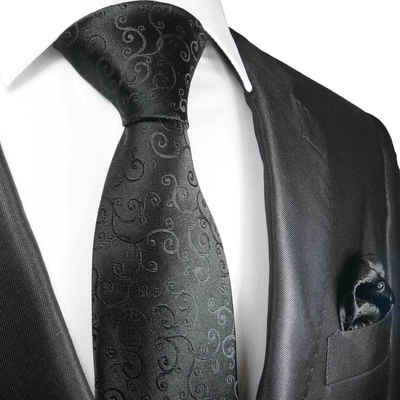 Paul Malone Krawatte Designer Herren Seidenkrawatte mit Tuch modern Ornamente 100% Seide (Set, 2-St., Krawatte mit Einstecktuch) Schmal (6cm), schwarz 2095