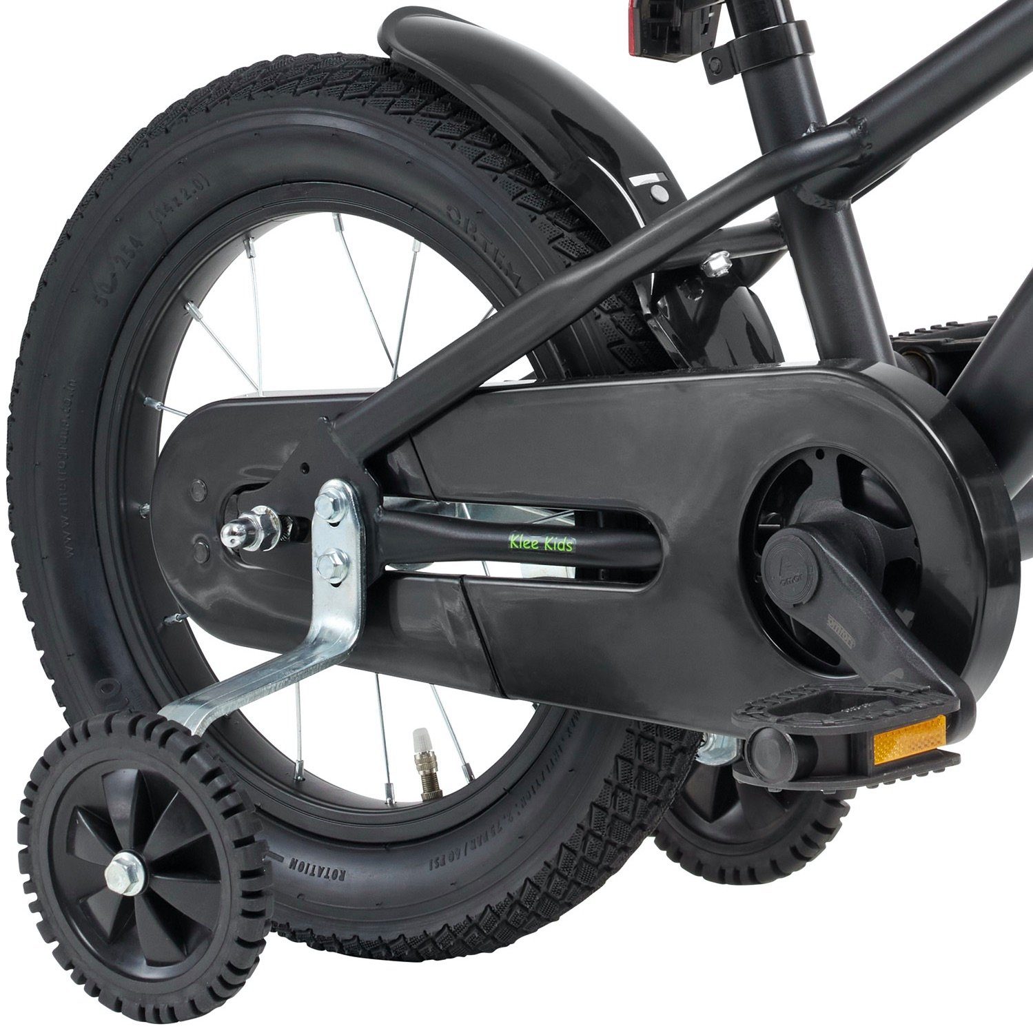 Klee-Kids Kinderfahrrad 14 Zoll Matt Schwarz Fahrrad ab 3 Jahre, Stützräder, Ständer, Rücktrittbremse, V-Brake, 98% vormontiert!