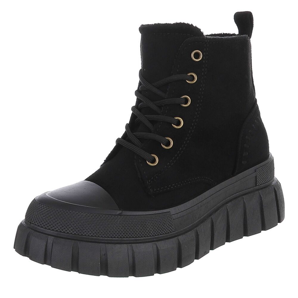 Ital-Design Damen Plateau Schnürstiefel mit Chunky-Sohle Schnürstiefelette (92002652) Keilabsatz/Wedge Stiefeletten in Schwarz