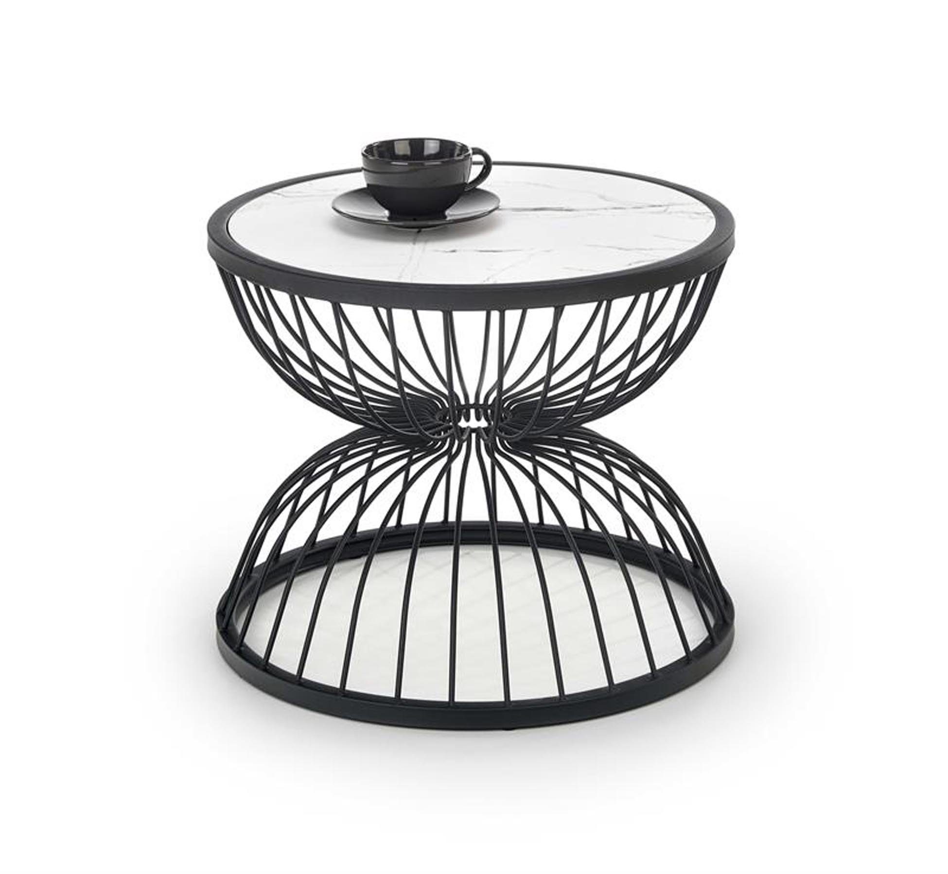 Couchtisch Couchtisch 50 cm rund weiße Marmor Optik Metallgestell schwarz