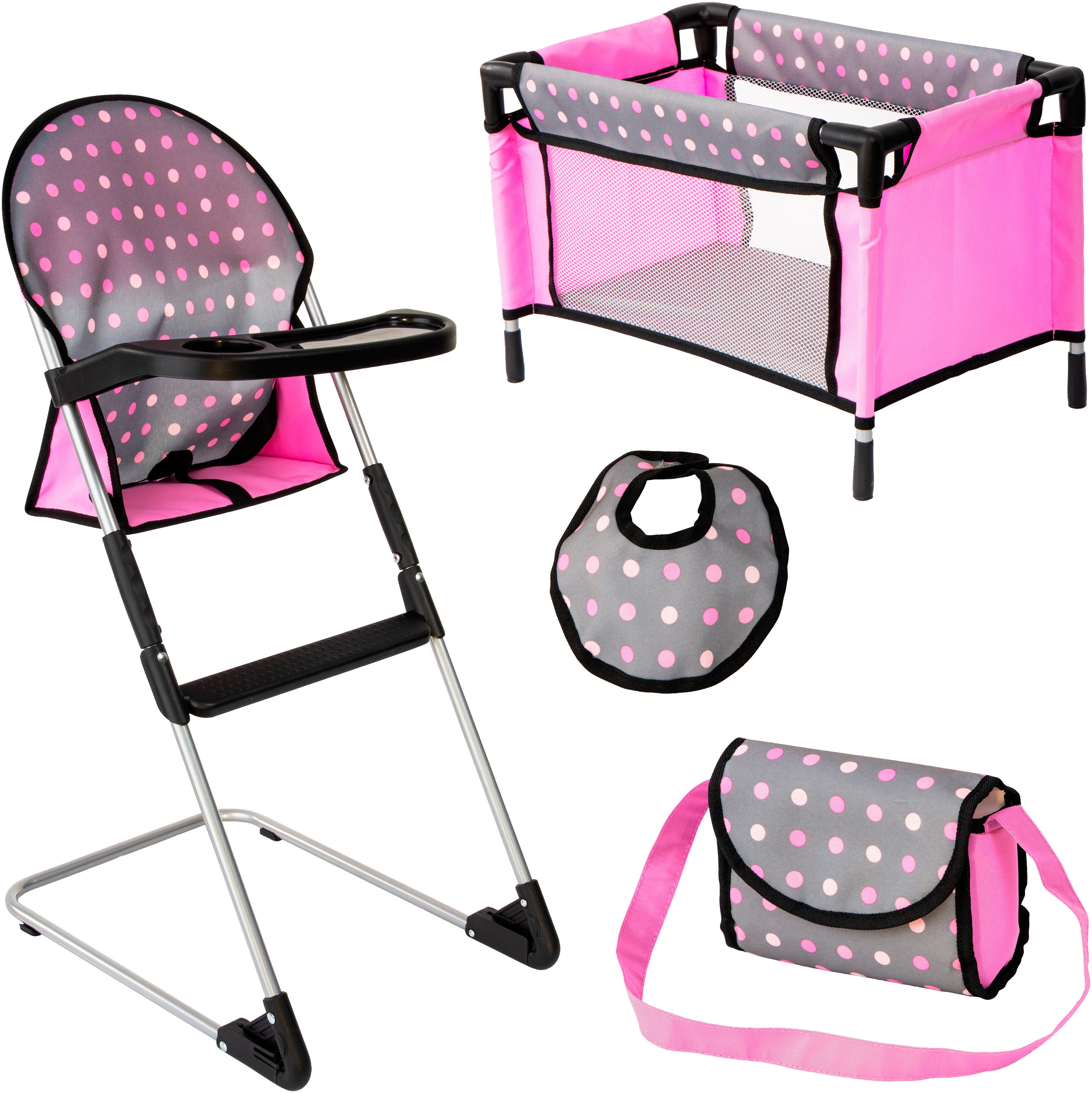 Bayer Puppenbett Puppen-Reise-Set (4tlg), inklusive Hochstuhl, Lätzchen und Umhängetasche