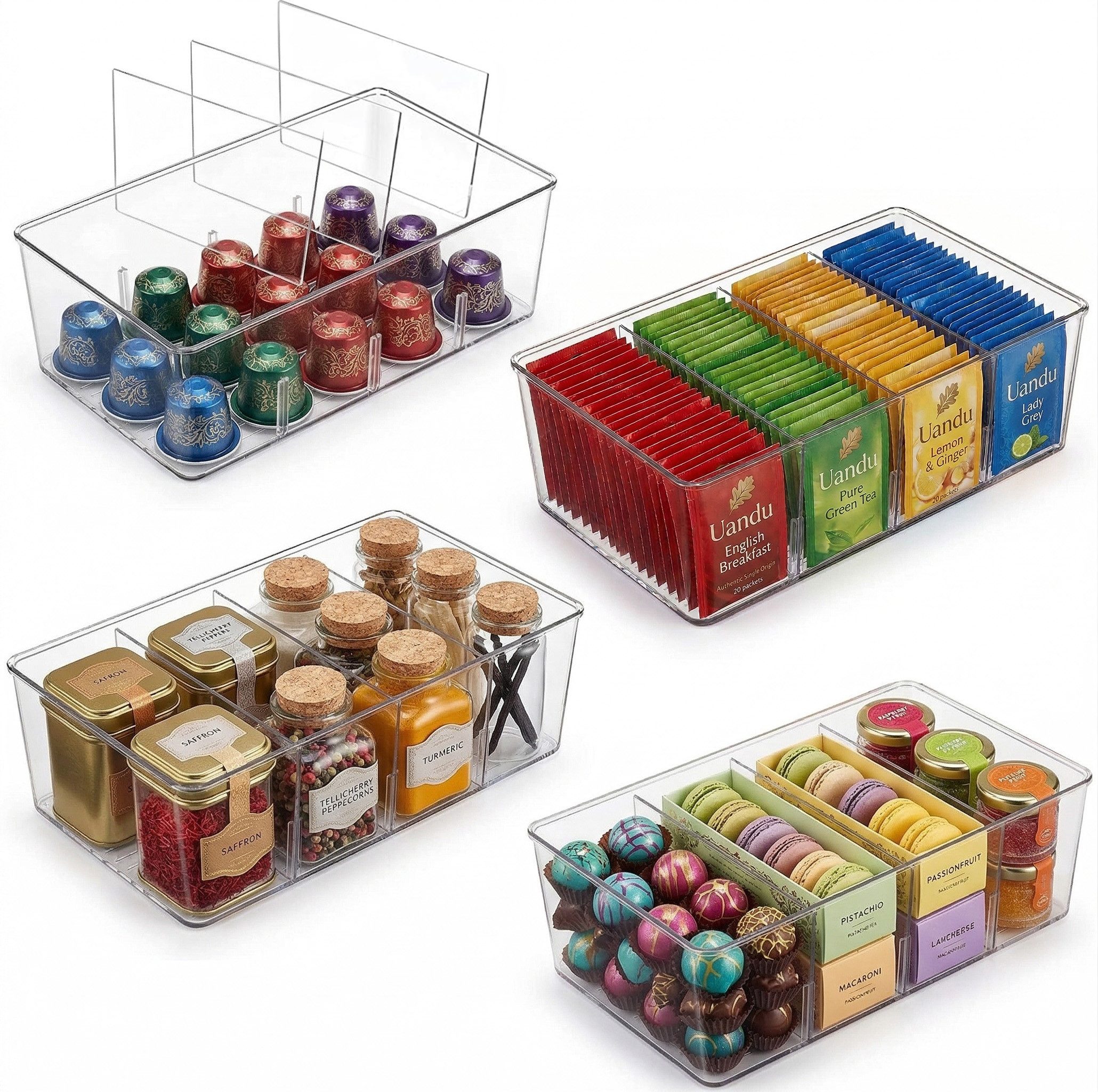 uandu home Teedose uandu Kühlschrank Organizer 4er Set – Küchen Organizer mit Trennwänden, (Packung, 4-tlg., Stapelbare Aufbewahrungsboxen Küche Transparent), Teebeutel Organizer, Schrank & Pantry Ordnungssystem