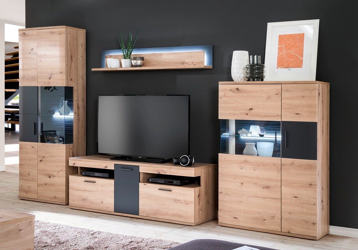 MCA furniture Wohnwand Wohnwand Anbauwand Cortona, Balkeneiche / anthrazit, 4-teilig, (4-St)