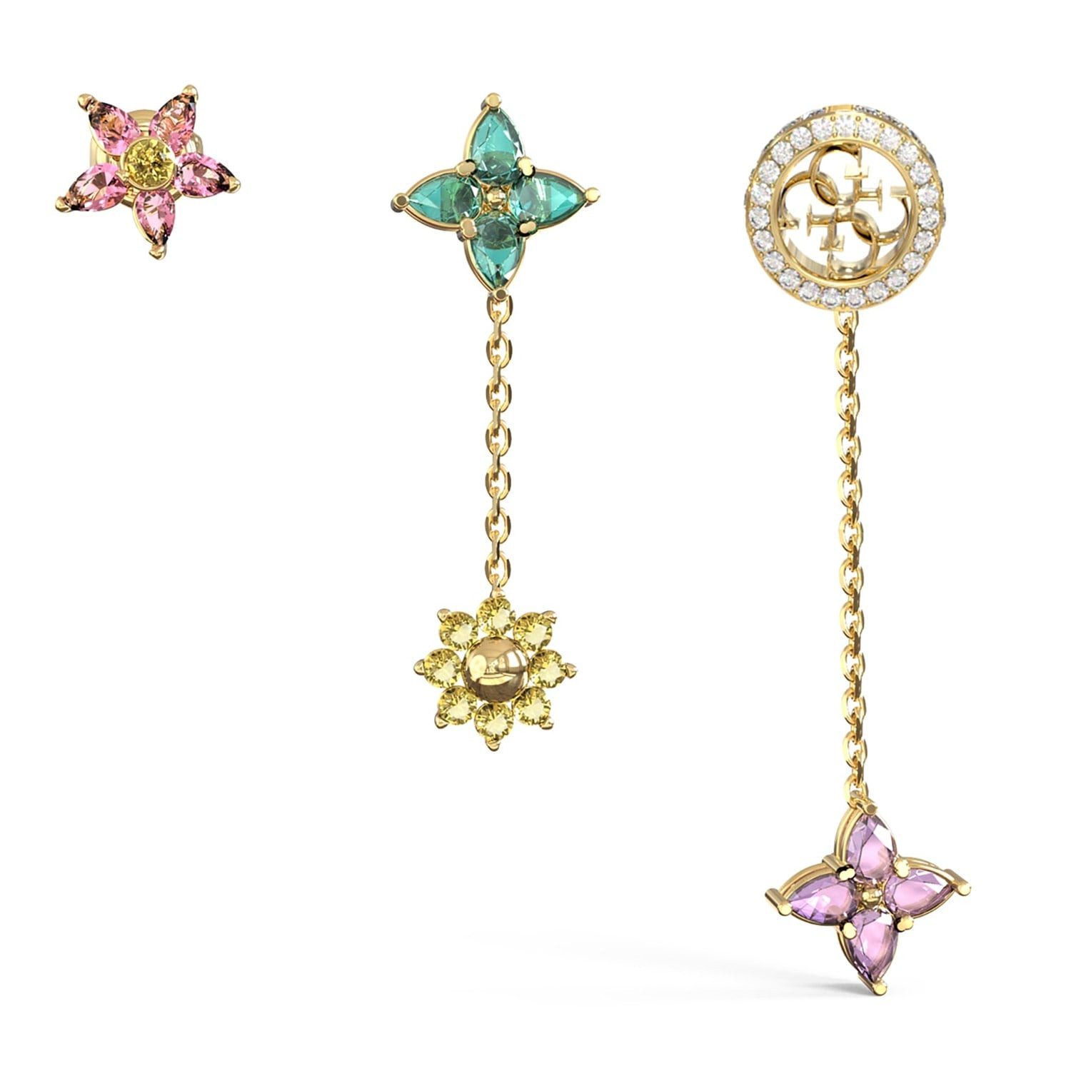 Guess Paar Ohrstecker Damen-3er-Set 4G Crystals Flowers Bunt