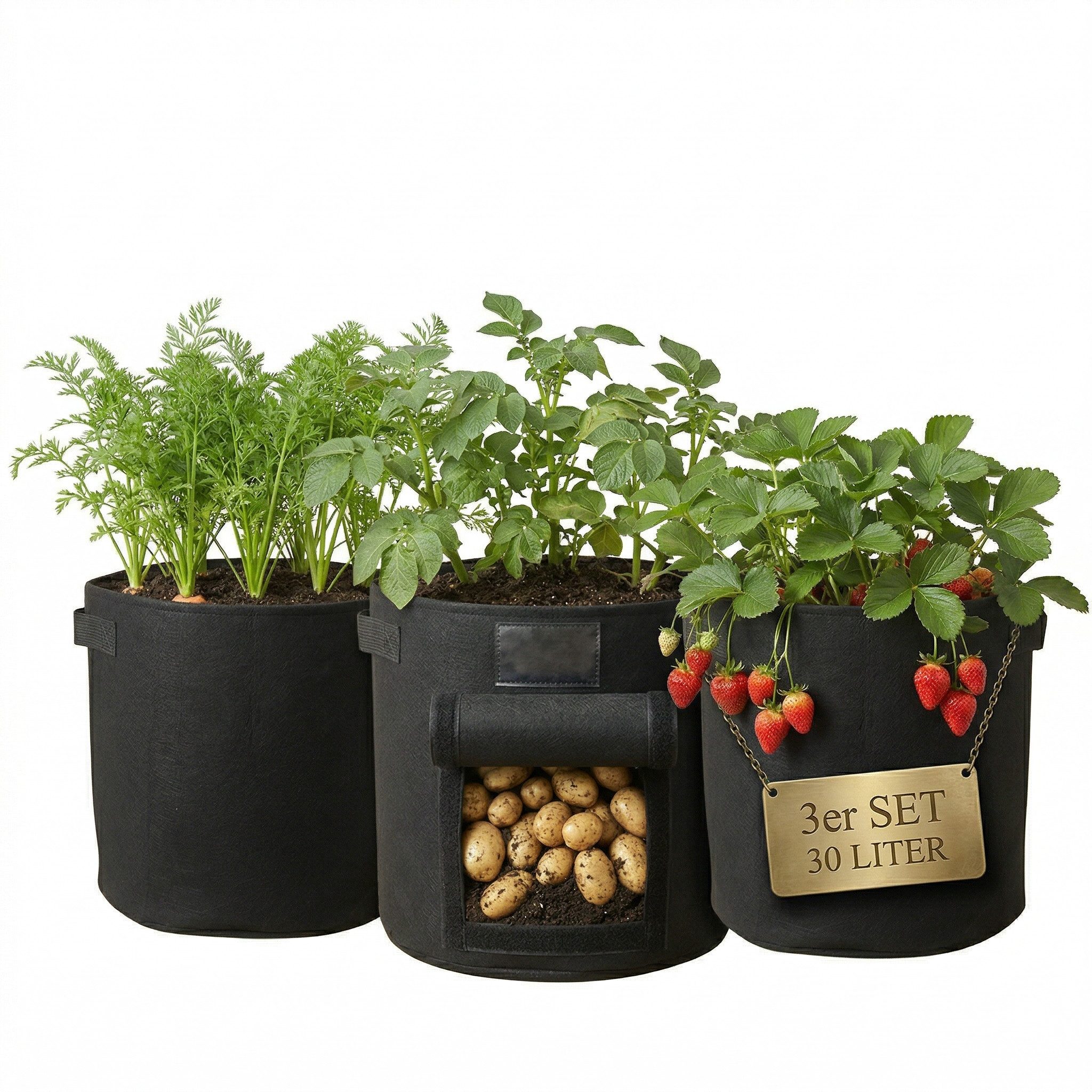 Onbest Pflanzkübel Premium Pflanzsack Pflanztaschen 3er & 6er Set 30 Liter (3 St), ⌀ 34 cm, 35 cm Höhe, 420g/m² hochwertiger Vliesstoff, Griffe