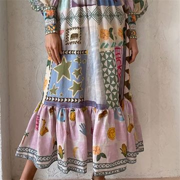 RUZU UG Etuikleid Kleid Damen Temperament Pendeln Bedruckt Langarm Mode Lässig
