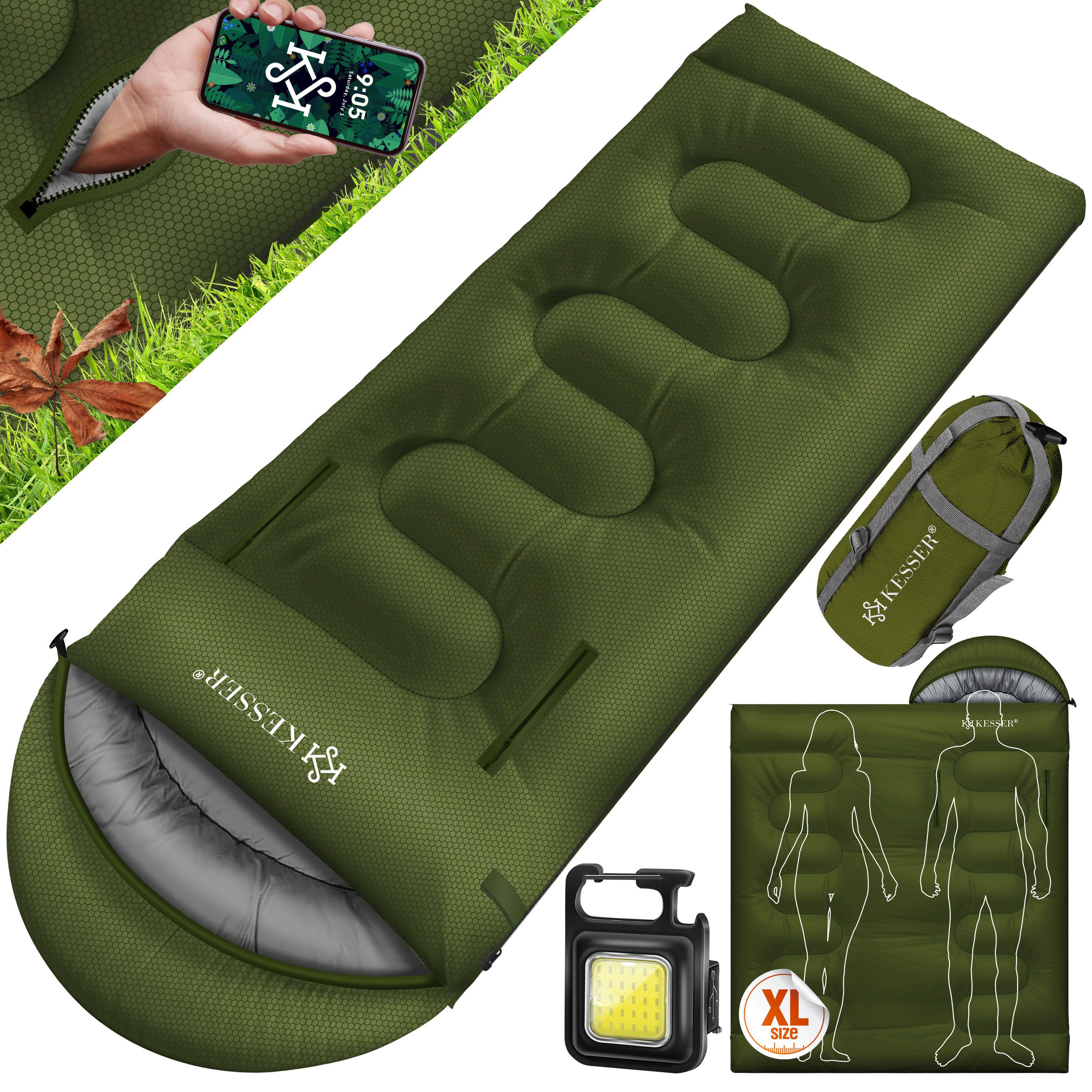 KESSER Deckenschlafsack Camping Schlafsack Outdoor 220x83cm 4 Jahreszeiten (Campingschlafsack inklusive Campinglampe & Seitentasche), für Erwachsene & Kinder Leicht Tragbar Warm & Wasserabweisend