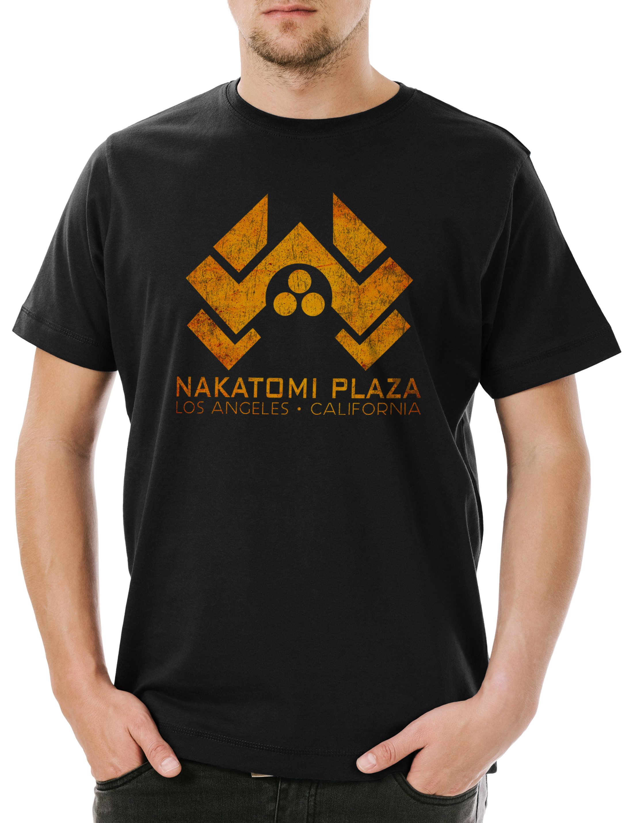 Urban Backwoods Print-Shirt Nakatomi Plaza Sign Herren T-Shirt Shirt Stirb Skyscraper Hard Langsam (1-tlg) Weihnachten X-Mas Movie