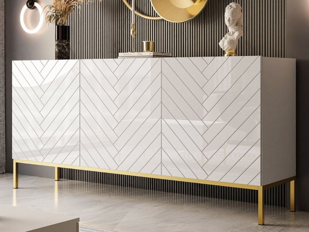 Kommode ELISE 160 Fischgrätenfront Hochglanz GOLD Metallgestell BERLIN