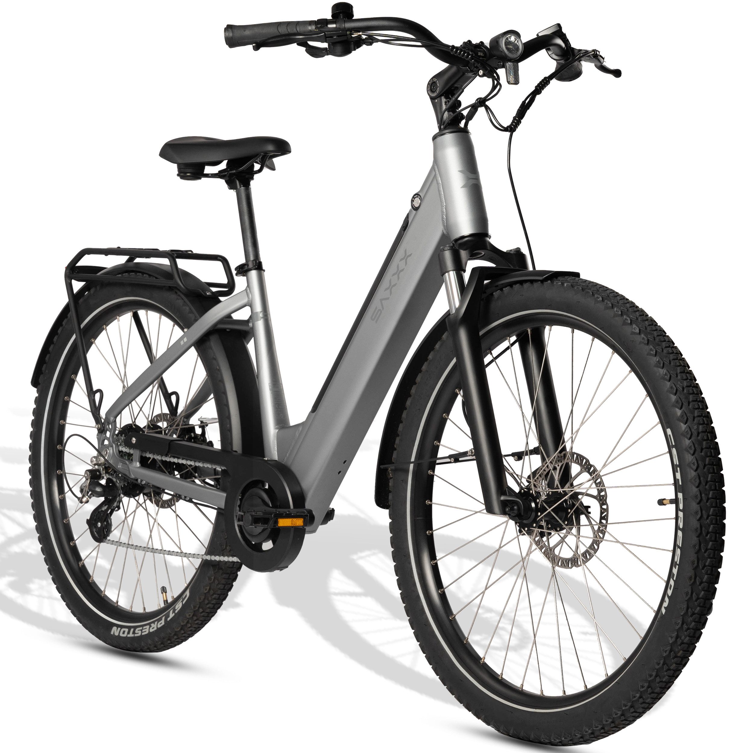 SAXXX E-Bike Cityrad Damen Herren 28x2,35", SAXXX SUV, 468 Wh, 120 km, 95 % vormontiert, 7 Gang SHIMANO Altus Schaltwerk, Kettenschaltung, Hinterradmotor, 468 Wh, (abnehmbarer Akku, mit Gepacktrager, mit Tiefeinstieg), 250W Heckmotor, Pedelec E-Citybike, Elektrofahrrad mit 45cm Rahmenhöhe