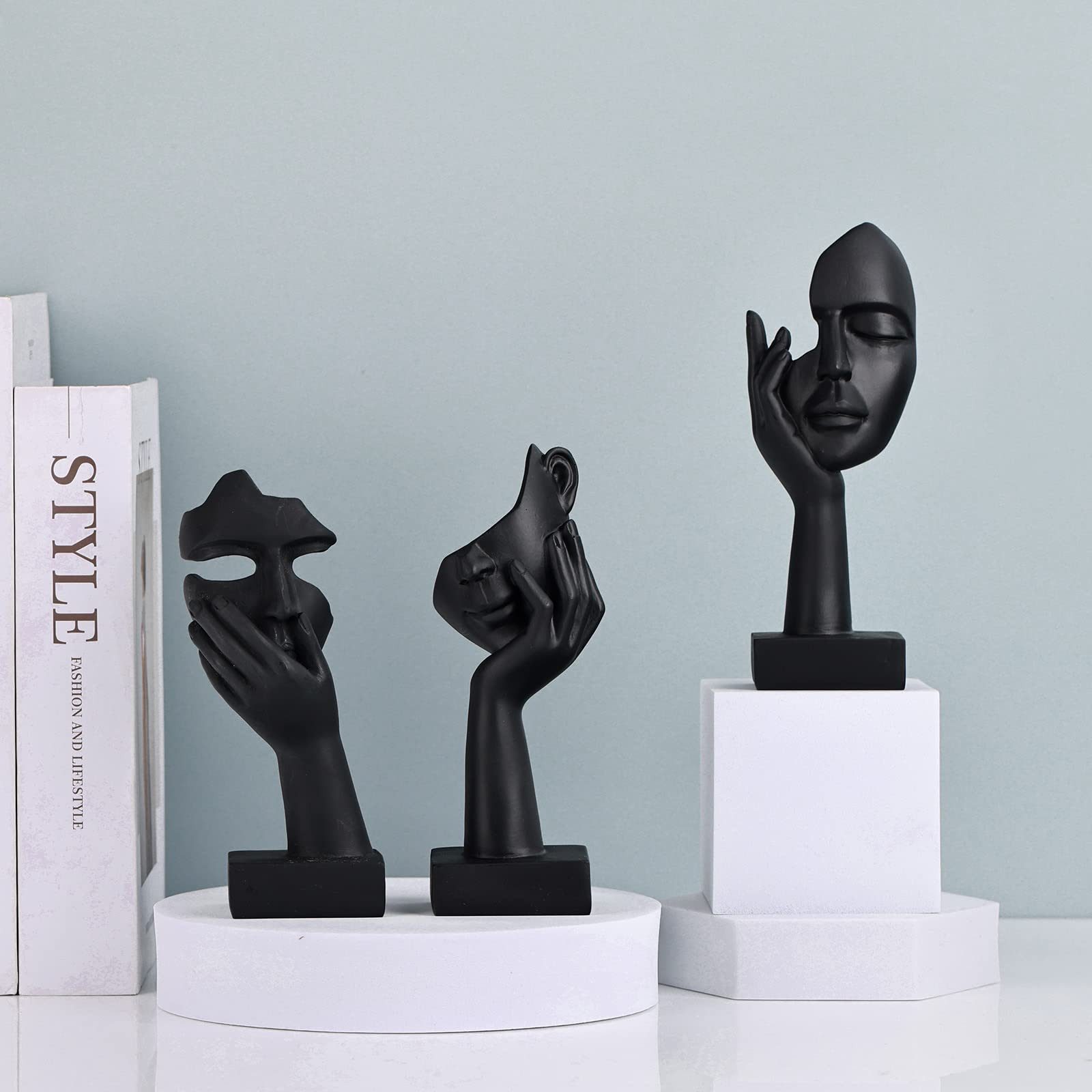 feinlux Skulptur Schwarze Heimdekoration Frau Gesicht Statue (Set, 3 St., weibliche Gesichtsskulptur), für modernes Zuhause Wohnzimmer Bücherregal Schreibtisch Dekor