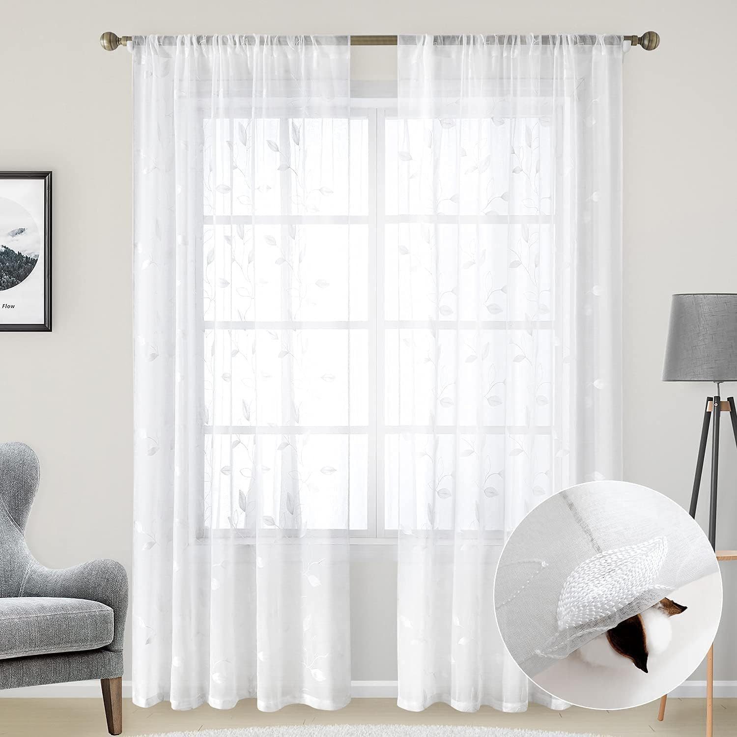 BYSURE Gardine Voile Scheibengardinen modern Wohnzimmer Bistrogardine für Küche, Bad (2 St), Stangendurchzug, transparent, Küchenvorhänge, besticktes Blattmuster, Vorhänge für kleine Fenster