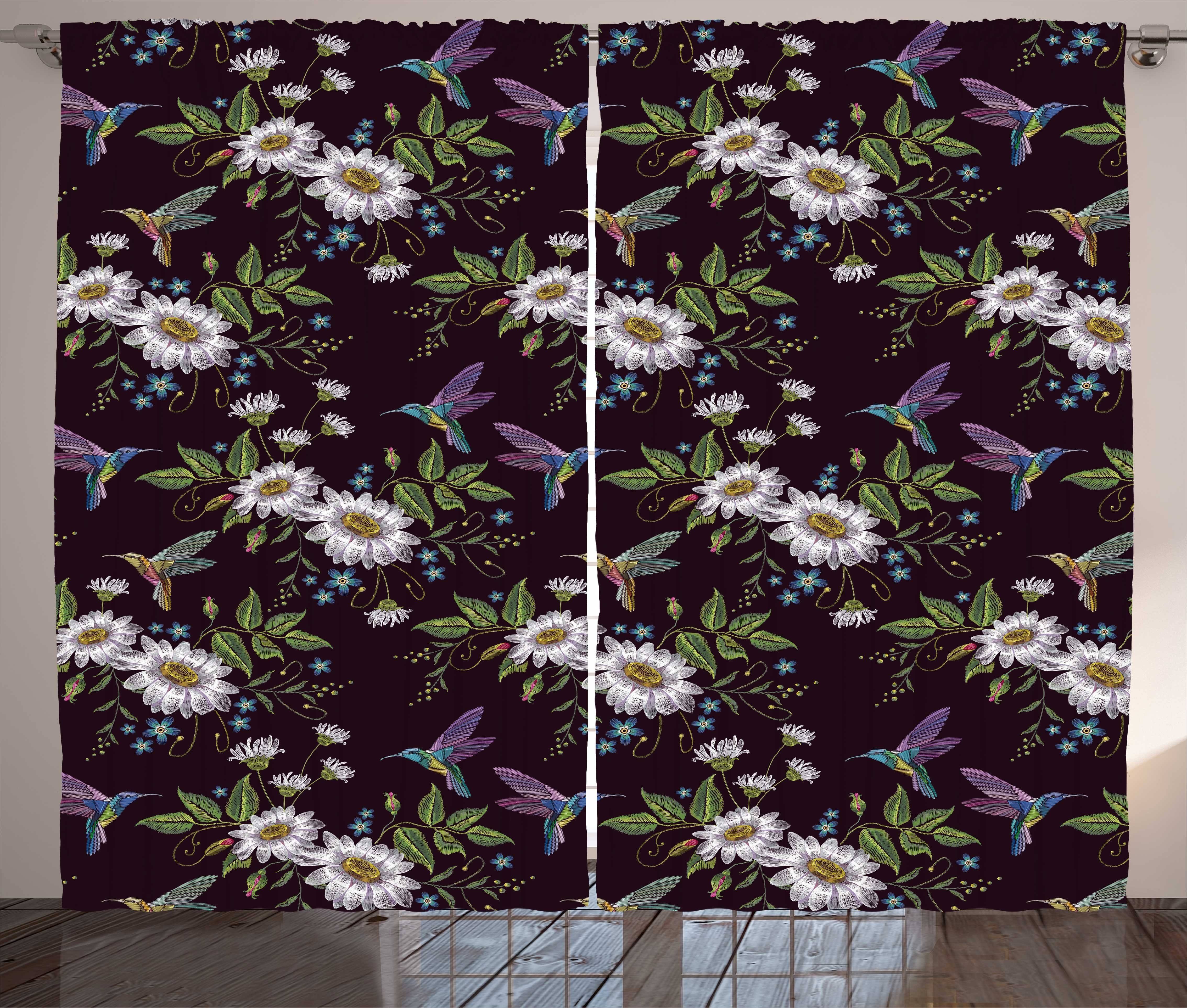 Gardine Schlafzimmer Kräuselband Vorhang mit Schlaufen und Haken, Abakuhaus, Botanisch Vögel Reisig Blüten Kunst