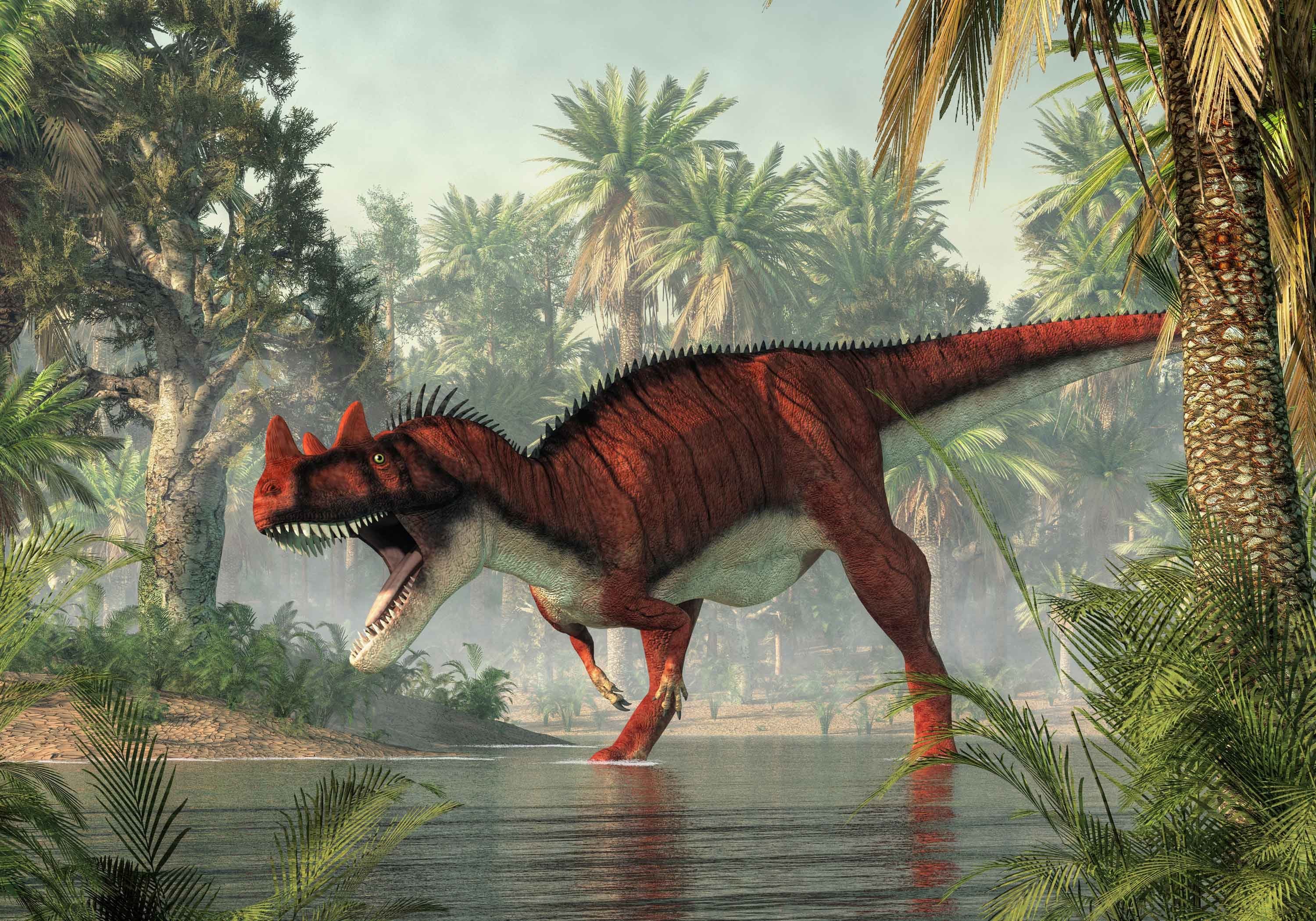 wandmotiv24 Fototapete Ceratosaurus im Wasser mit Palmen, glatt, Wandtapete, Motivtapete, matt, Vliestapete
