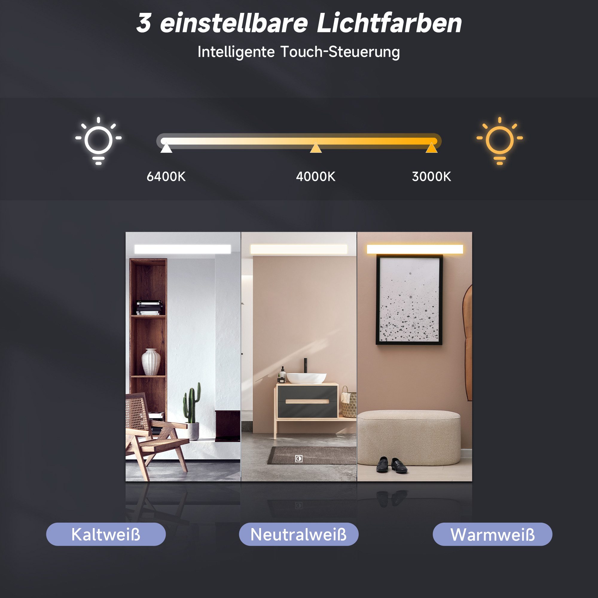 SONNI Badezimmerspiegelschrank Edelstahl Spiegelschrank 3-türig mit LED Beleuchtung Bad 90x65x13cm mit Steckdose und Touchschalter Kalt/Warm/Neutral Licht, dimm – Bild 5 von 5