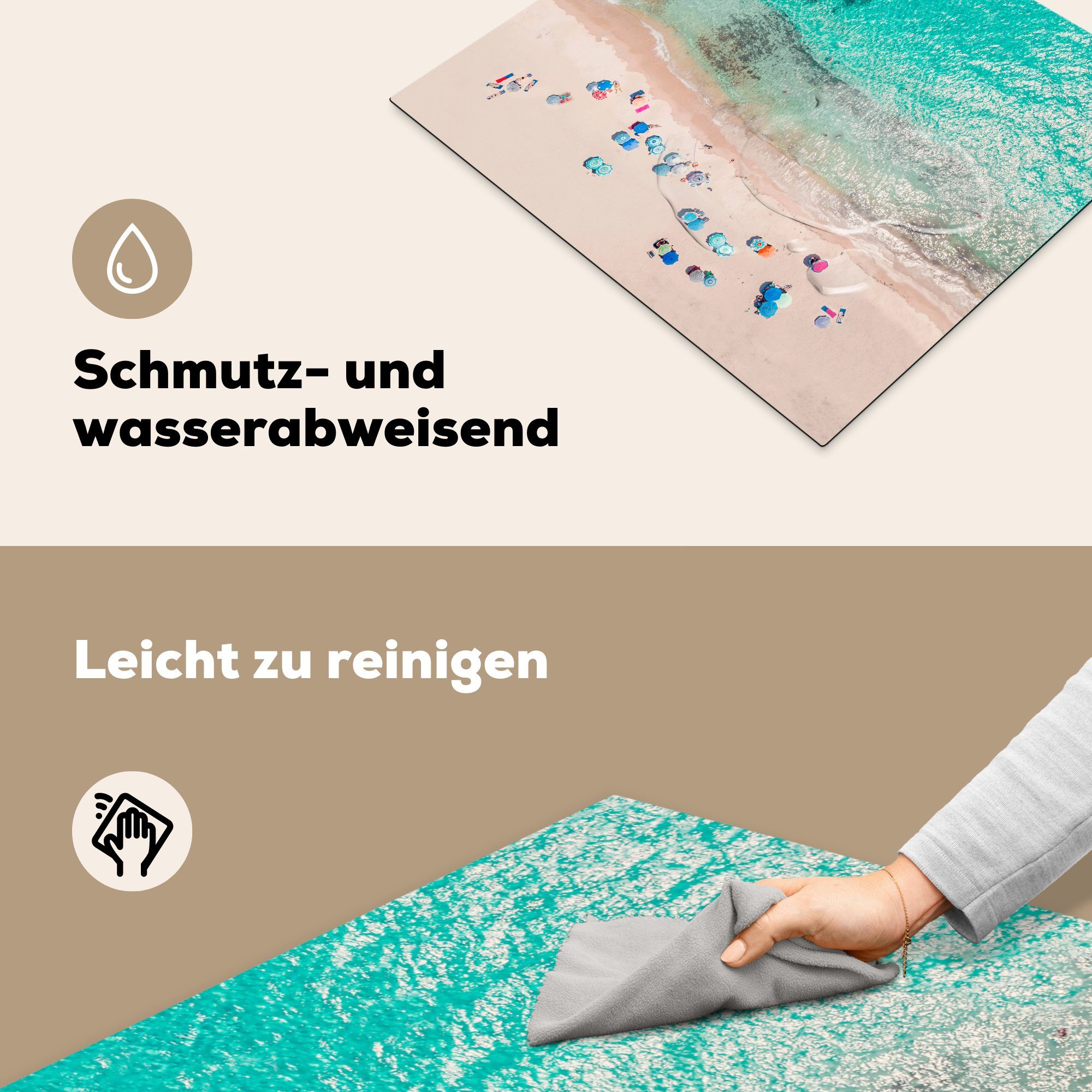 Meer - Strand Arbeitsfläche (1 tlg), - nutzbar, - cm, Ceranfeldabdeckung Sonnenschirme Blau, 60x52 Mobile - MuchoWow Sommer Vinyl, Herdblende-/Abdeckplatte