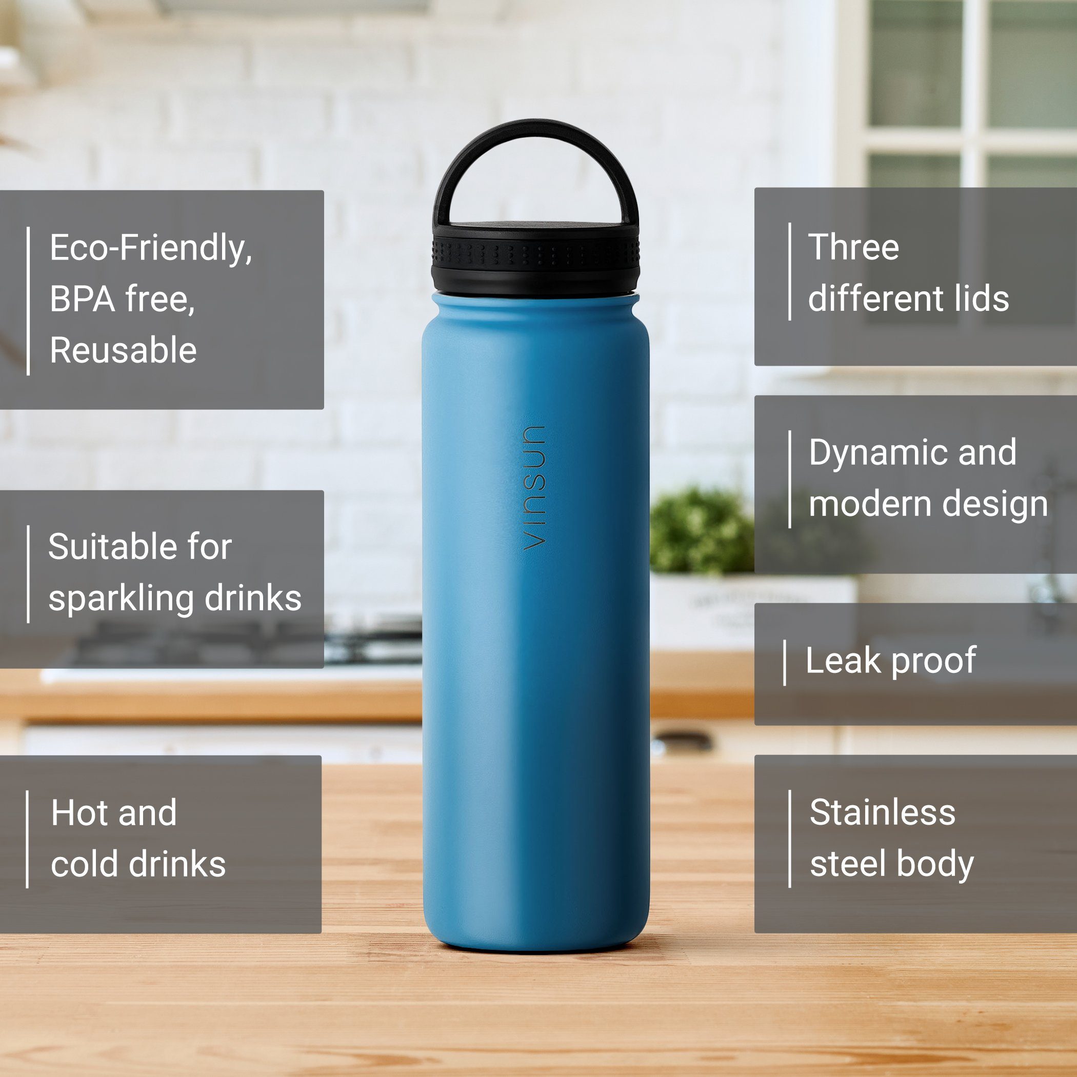 Vinsun Isolierflasche Edelstahl Trinkflasche 500ml, 3 Deckel, auslaufsicher, doppelwandig, 3 Deckel - Strohhalm, Trinköffnung, Schraubverschluss