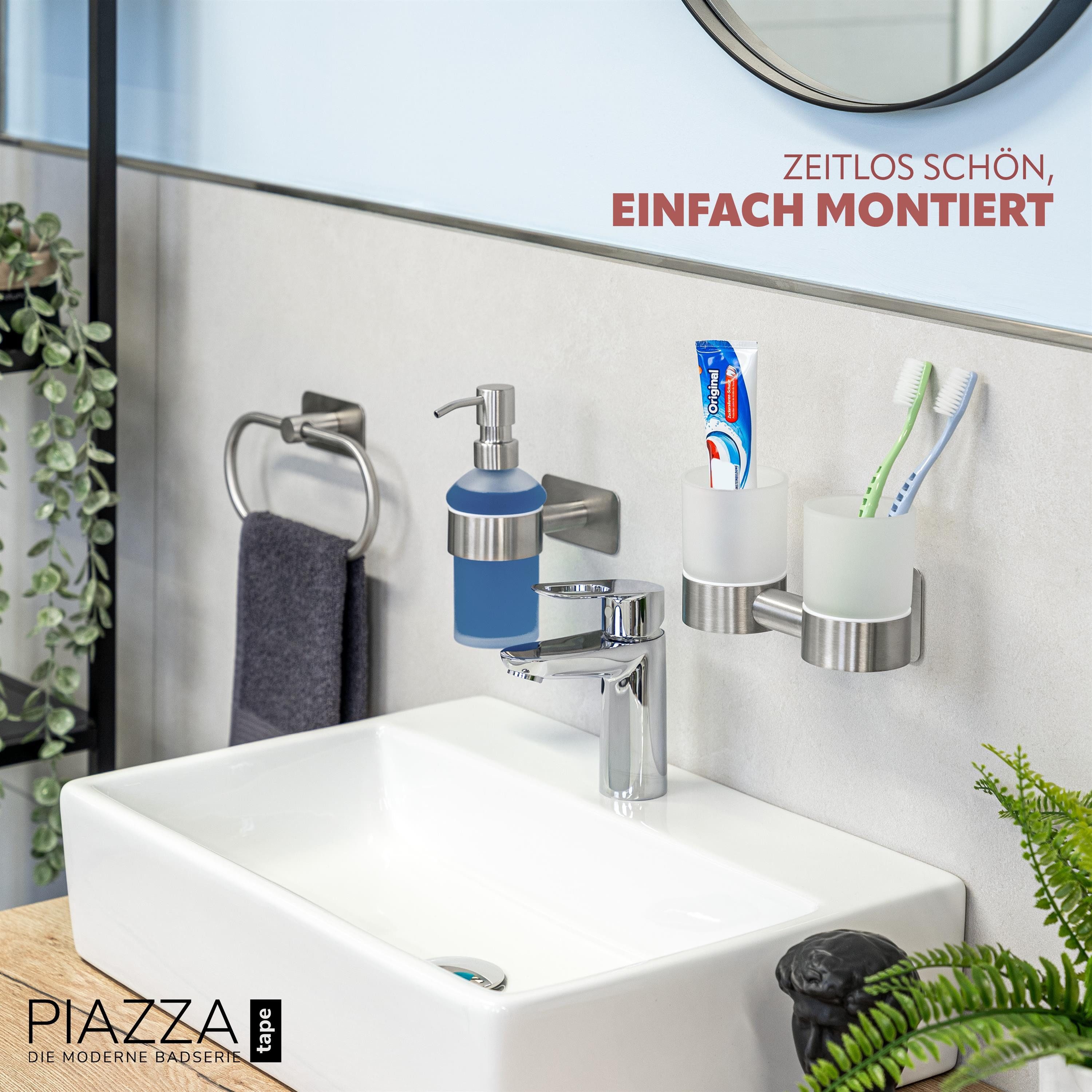 bremermann Zahnputzbecher Bad-Serie PIAZZA TAPE - mit Klebepad aus Glas und Edelstahl, (1-St)