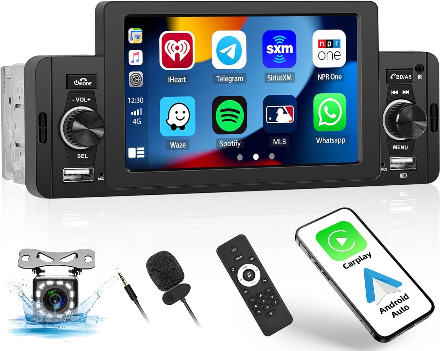 PODOFO 5 Zoll Bildschirm 1DIN mit GPS/Bluetooth/USB/FM/Rückfahrkamera Autoradio (Mit Rückfahrkamera, Apple Carplay Android)