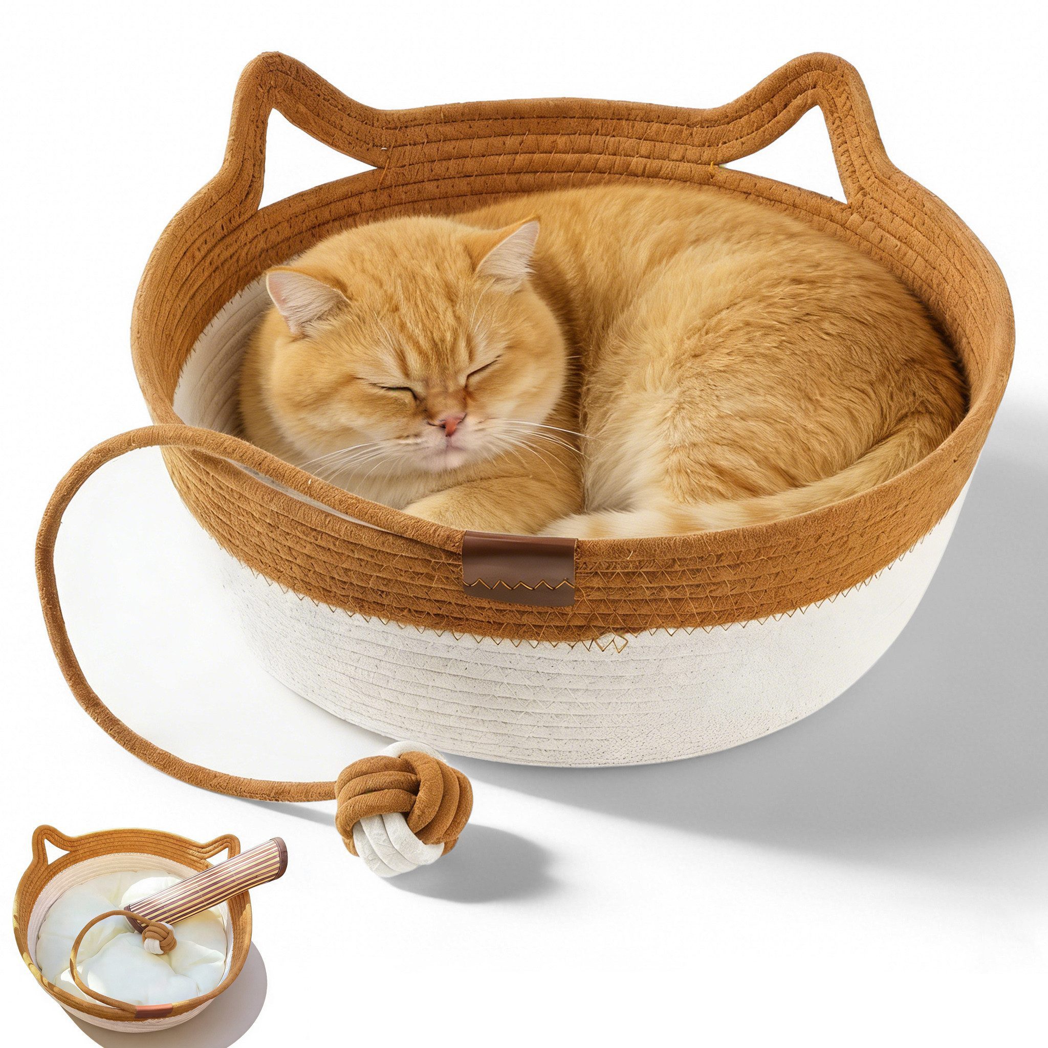 BlingBin Tierbett Handgewebtes Katzenbett mit Spielzeugschwanz, faltbar und atmungsaktiv, Rund Haustierbett mit Kissen, Mit Katzenball Haustierbett Aus Baumwollseil Für Katzen, Klein Hund