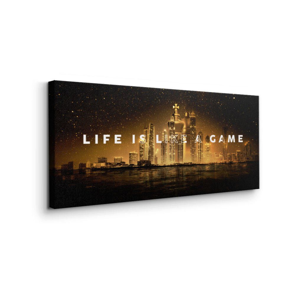 Panorama Figuren prem Skyline Schach DOTCOMCANVAS® Rahmen mit Motivation Leinwandbild, Zitat goldener Leinwandbild