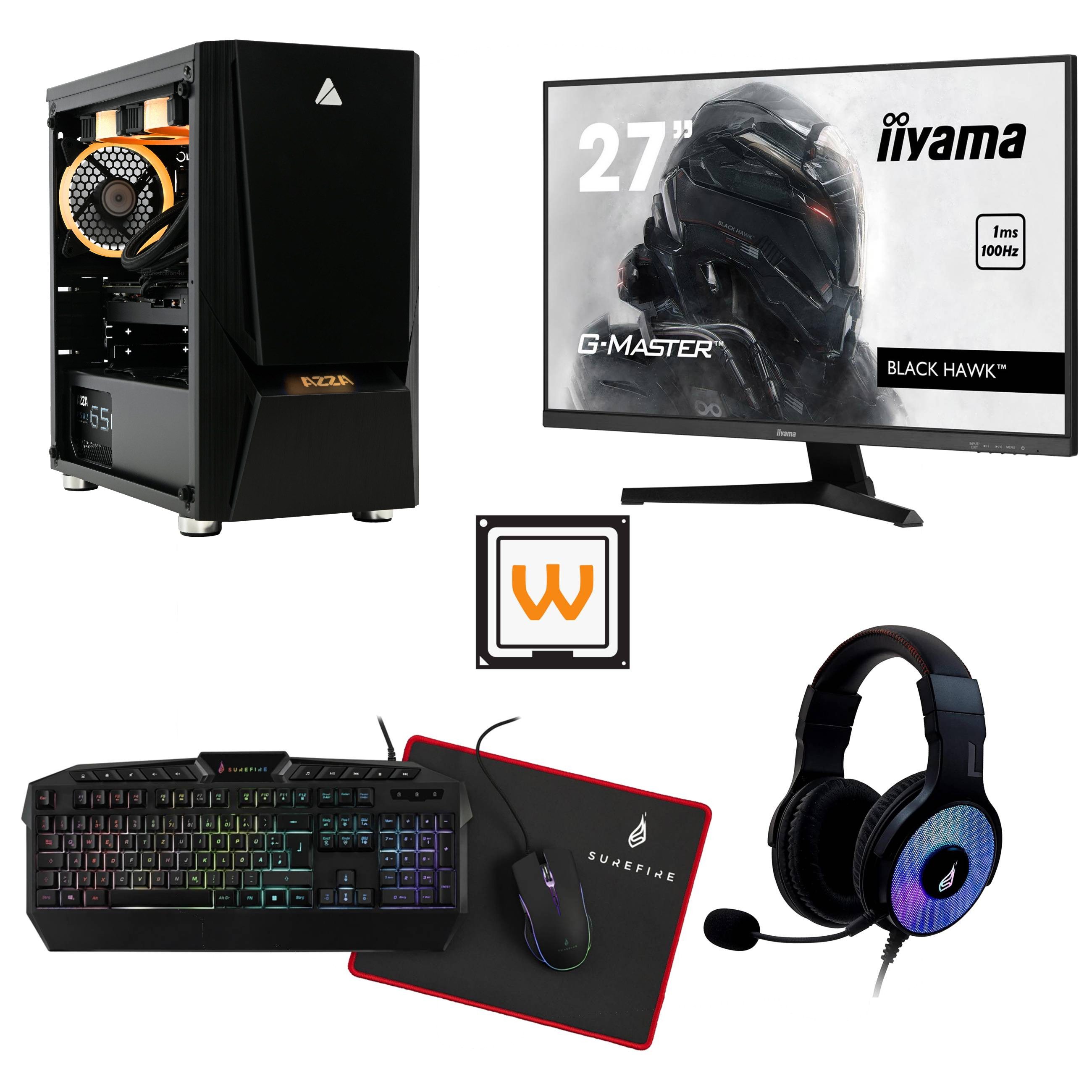 AZZA Luminous 110 Bundle Gaming-PC (27 Zoll, AMD Ryzen 5 5600X, RTX 3060 12GB, 16 GB RAM, 250 GB SSD, Wasserkühlung, Ryzen 5 5600X, RTX 3060 12GB, WLAN+BT, Windows 11 Pro, Wasserkühlung)