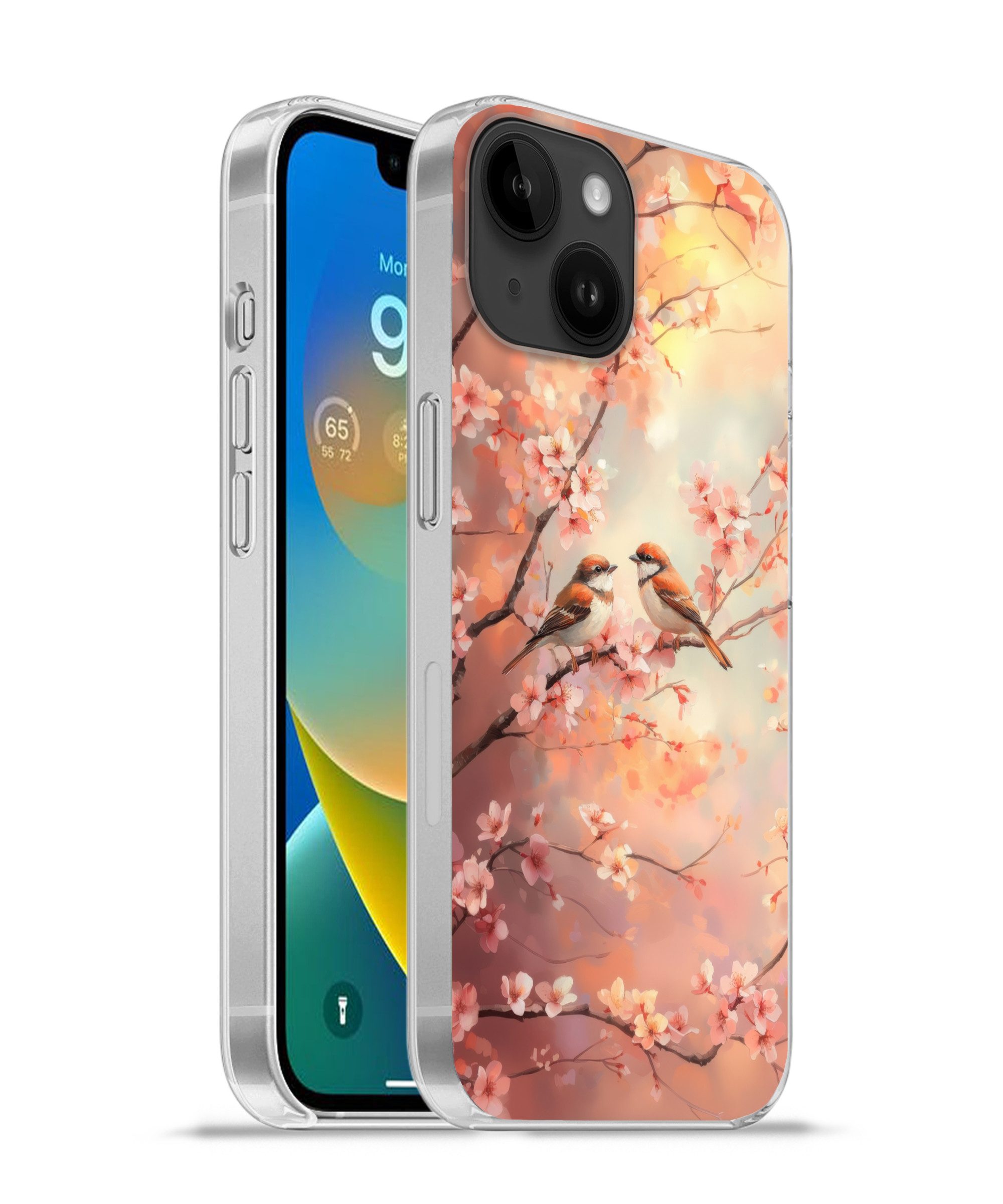 MuchoWow Handyhülle für Apple iPhone 14 Vögel - Romantisch - Blühende Zweige, Smartphone-Bumper, Print, Handy Schutzhülle Dünn