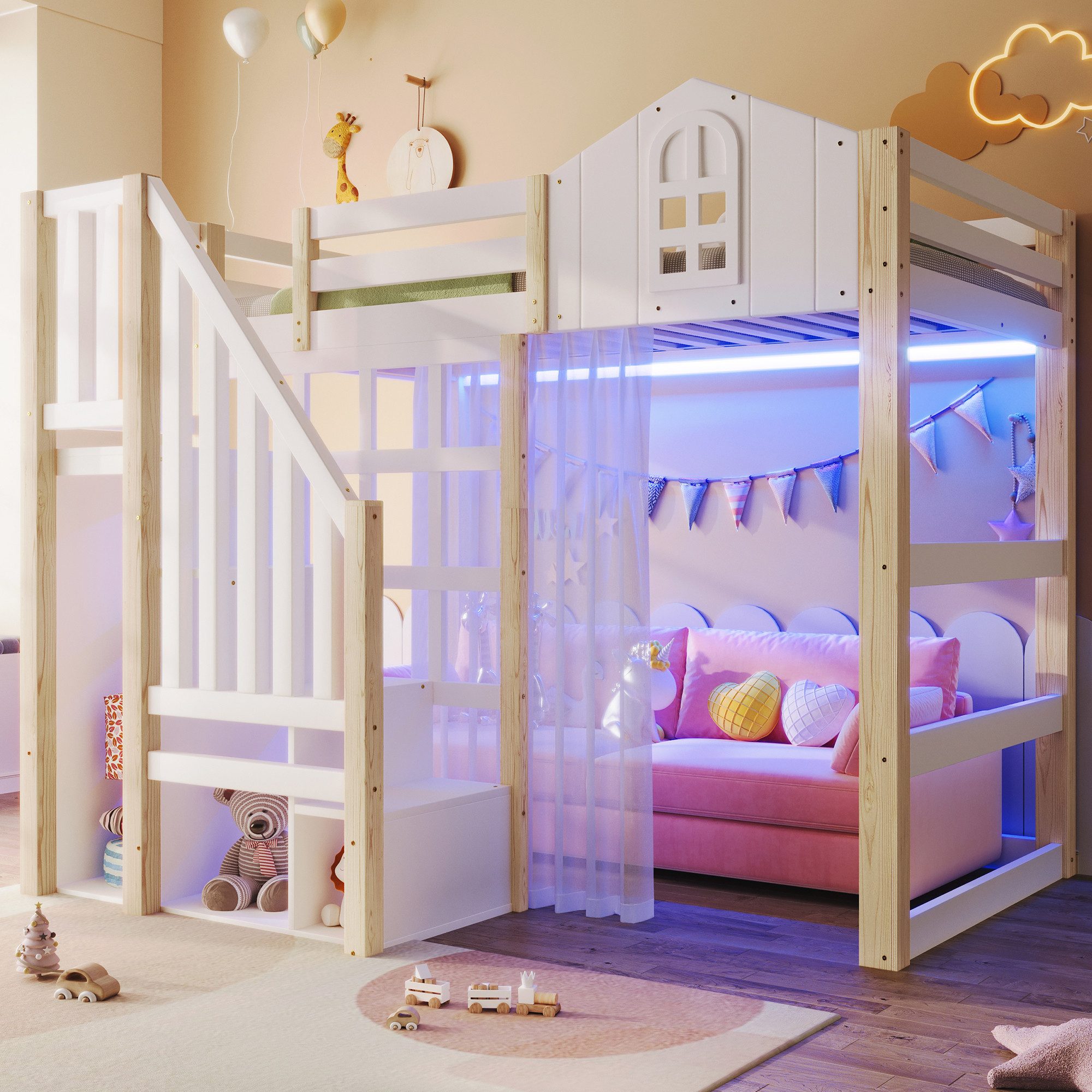 Merax Hochbett mit LED-Leuchten und offenem Stauraum (Jugendbett Stockbett, 1-St) Kiefernholz Kinderbett 140x200cm mit Ablageleiter Stauraumtreppe Gaze