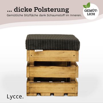 Lycce Polsterhocker Sitzhocker, Holzkiste geflammt mit gepolstertem Cordstoff-Deckel, mit Stauraum und gepolstertem Sitzkissen