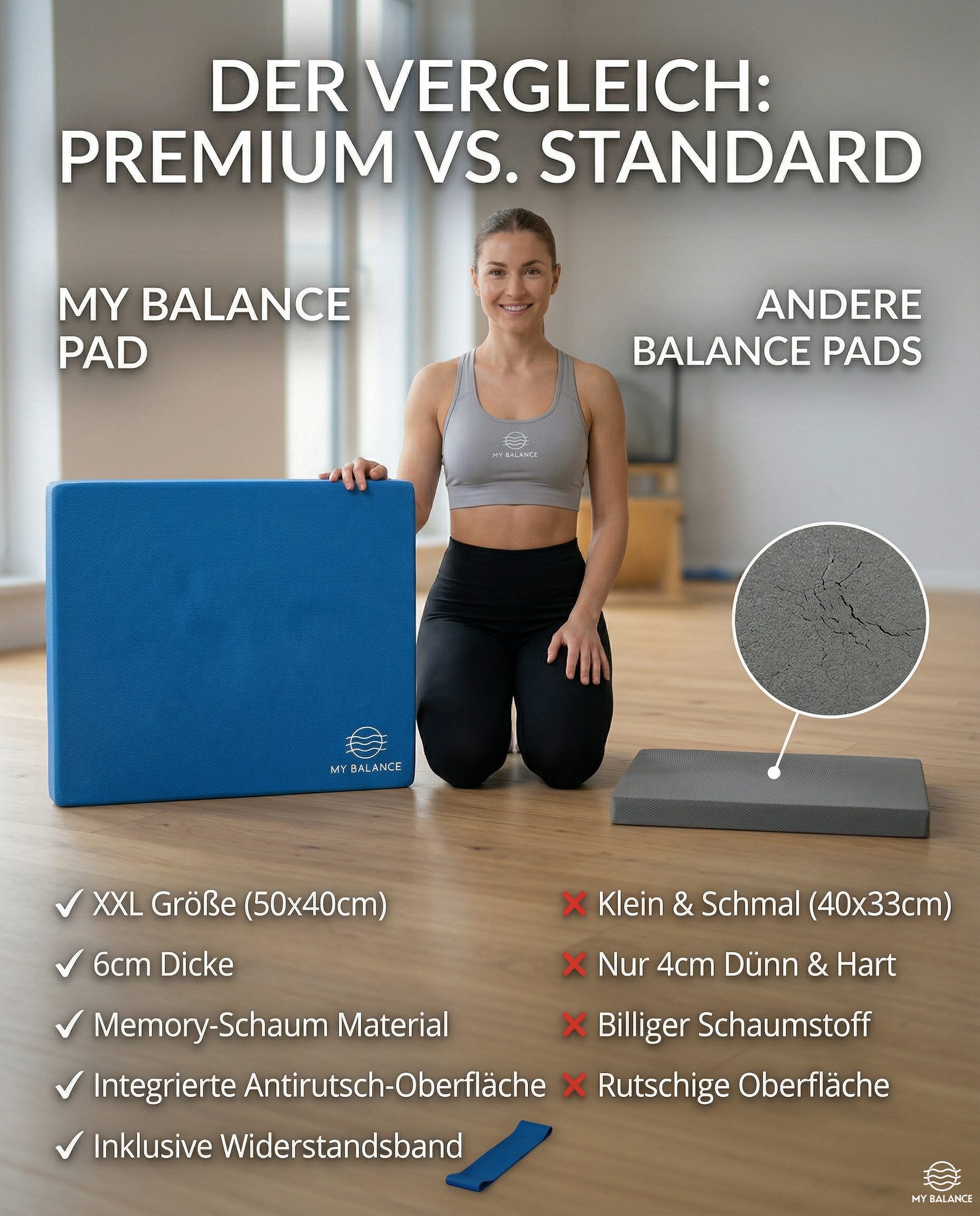 My Balance Balance Pad Balance Pad inkl. Widerstandsband I Großes Balancekissen mit eBook, Memory-Schaum, rutschfest, XXL-Größe, inkl. E-Book & Widerstandsband