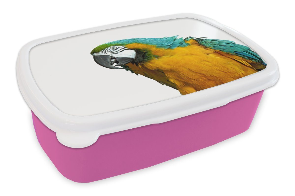 MuchoWow Lunchbox Papagei - Vogel - Federn - Porträt, Kunststoff, (2-tlg), Brotbox für Erwachsene, Brotdose Kinder, Snackbox, Mädchen, Kunststoff rosa