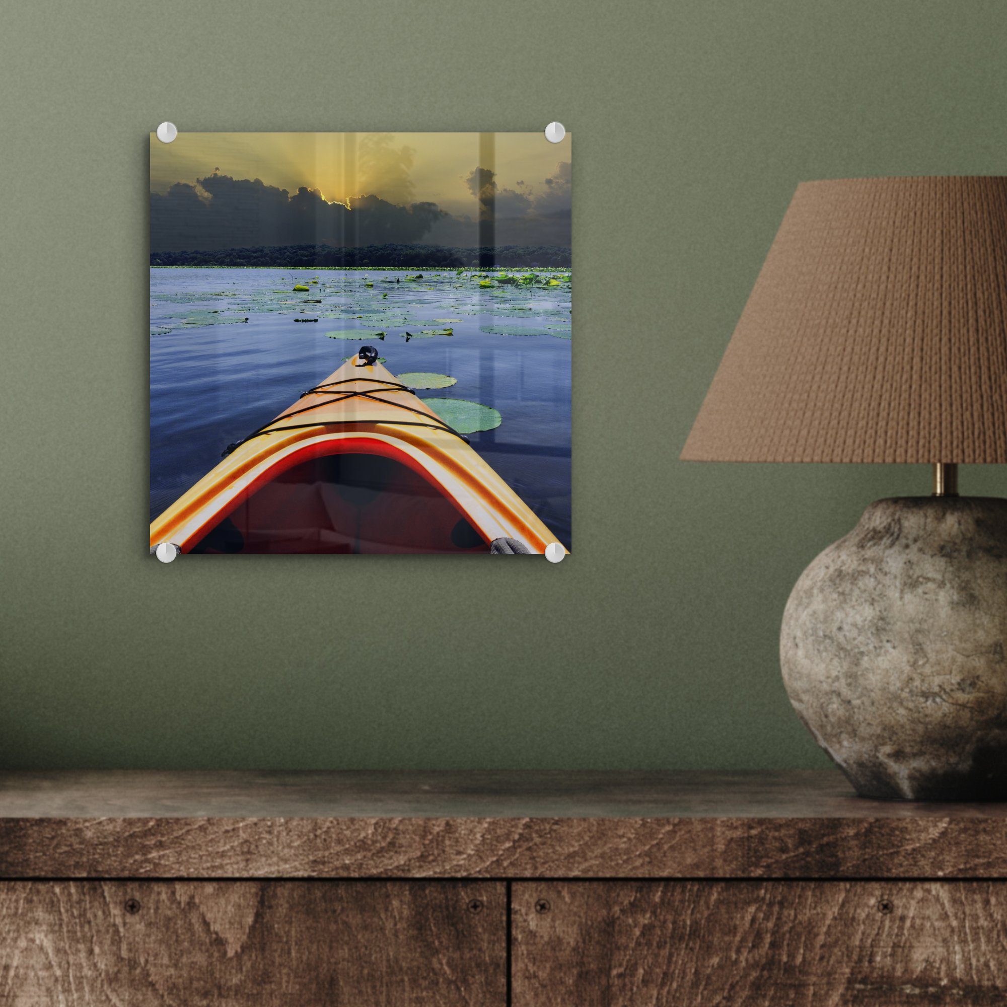 den Acrylglasbild Kajak Foto auf (1 MuchoWow Glasbilder auf - über See, Wandbild Bilder - Mit Glas Glas dem Wanddekoration - St),