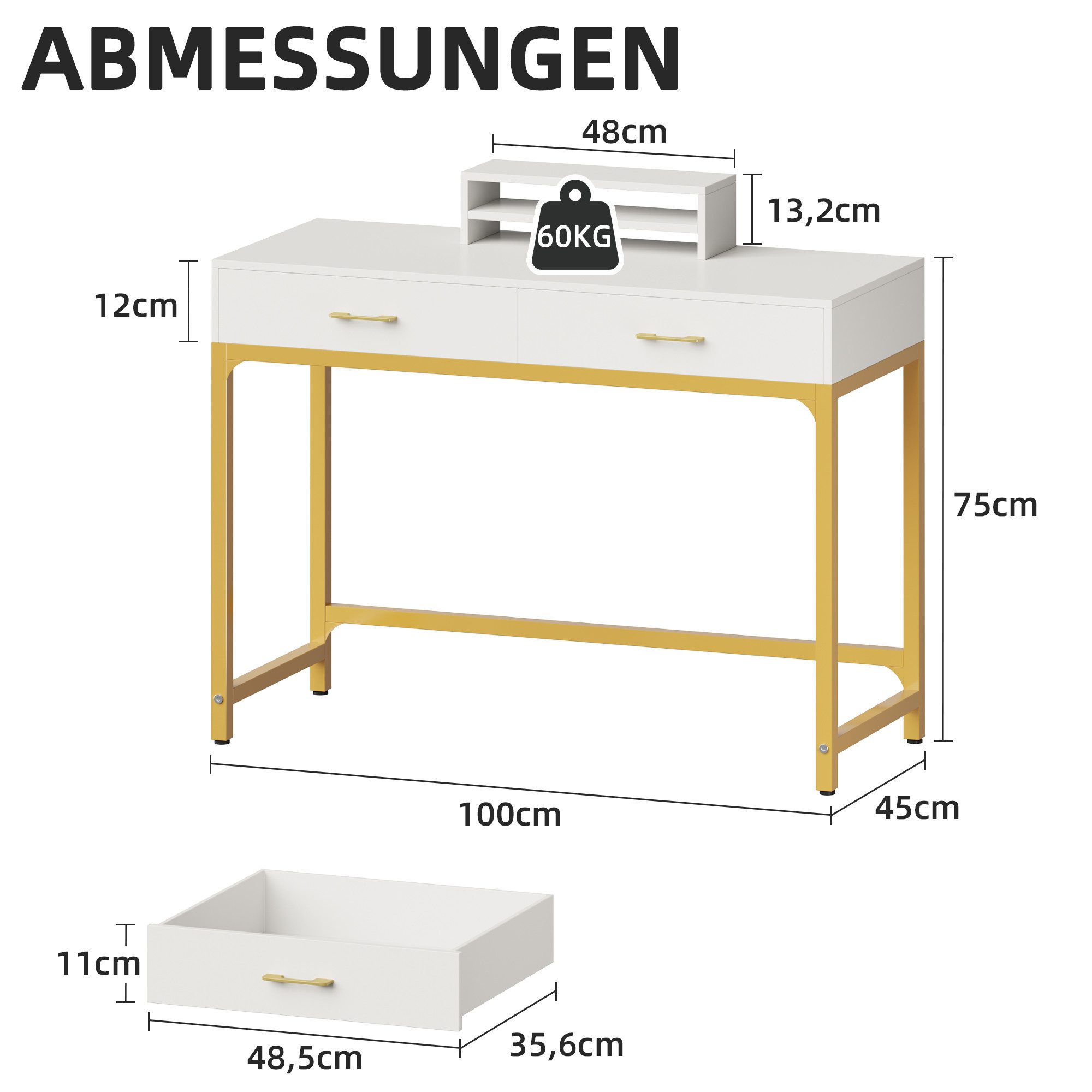 OYRREU Konsolentisch mit 2 Schubladen & Monitorständer, Breite 100 cm (goldfarbenes Metallgestell, modern, Schreibtisch 1 Set, Beistelltisch mit Aufbewahrung, Arbeitstisch), Wohnzimmer, Büro, Flur, Sideboard Tisch
