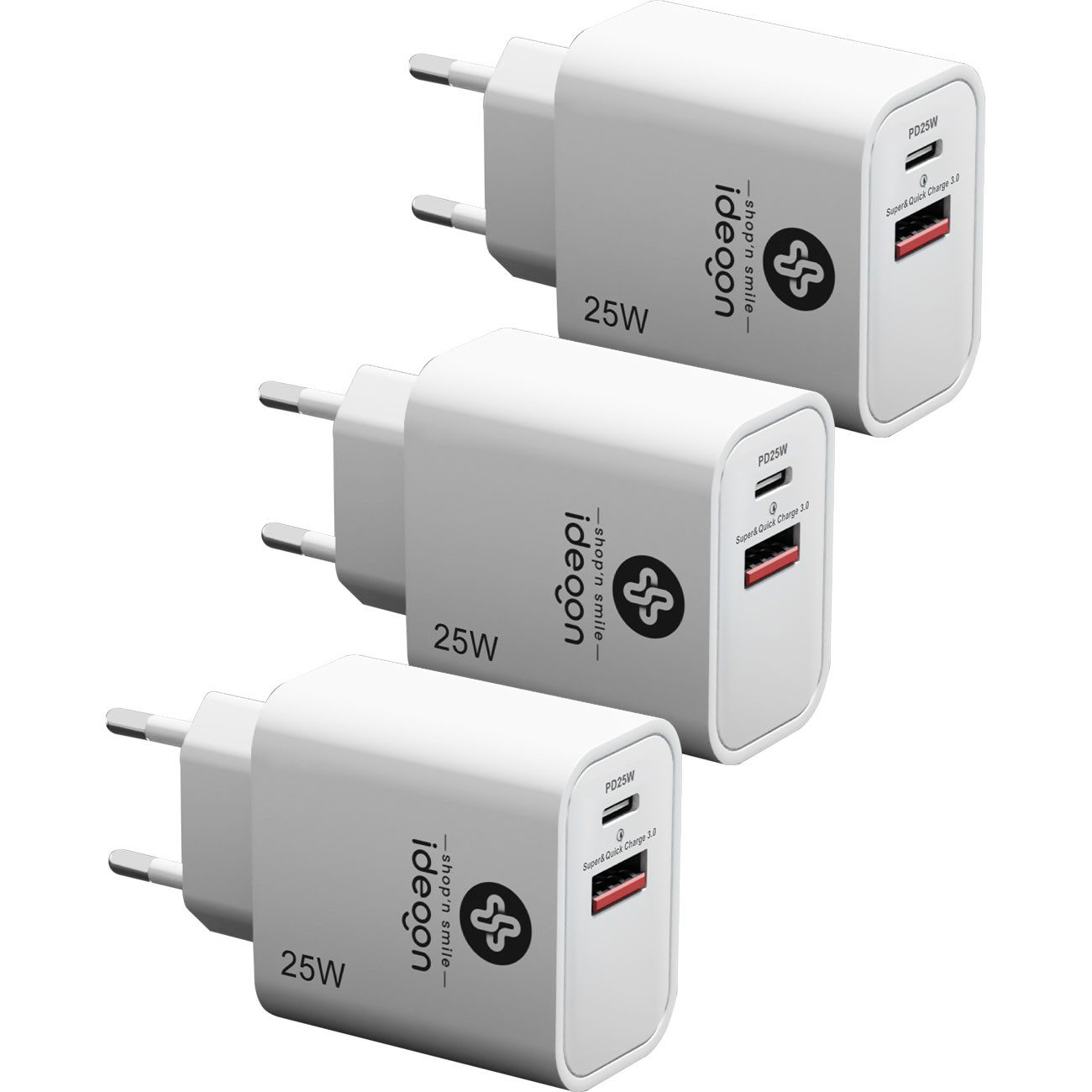 shop'n smile ideoon Dual 25Watt 1x USB-C und USB-A, PD- & QC-Netzteil USB-Ladegerät (3-tlg., Quick Charge für schnelles Laden)
