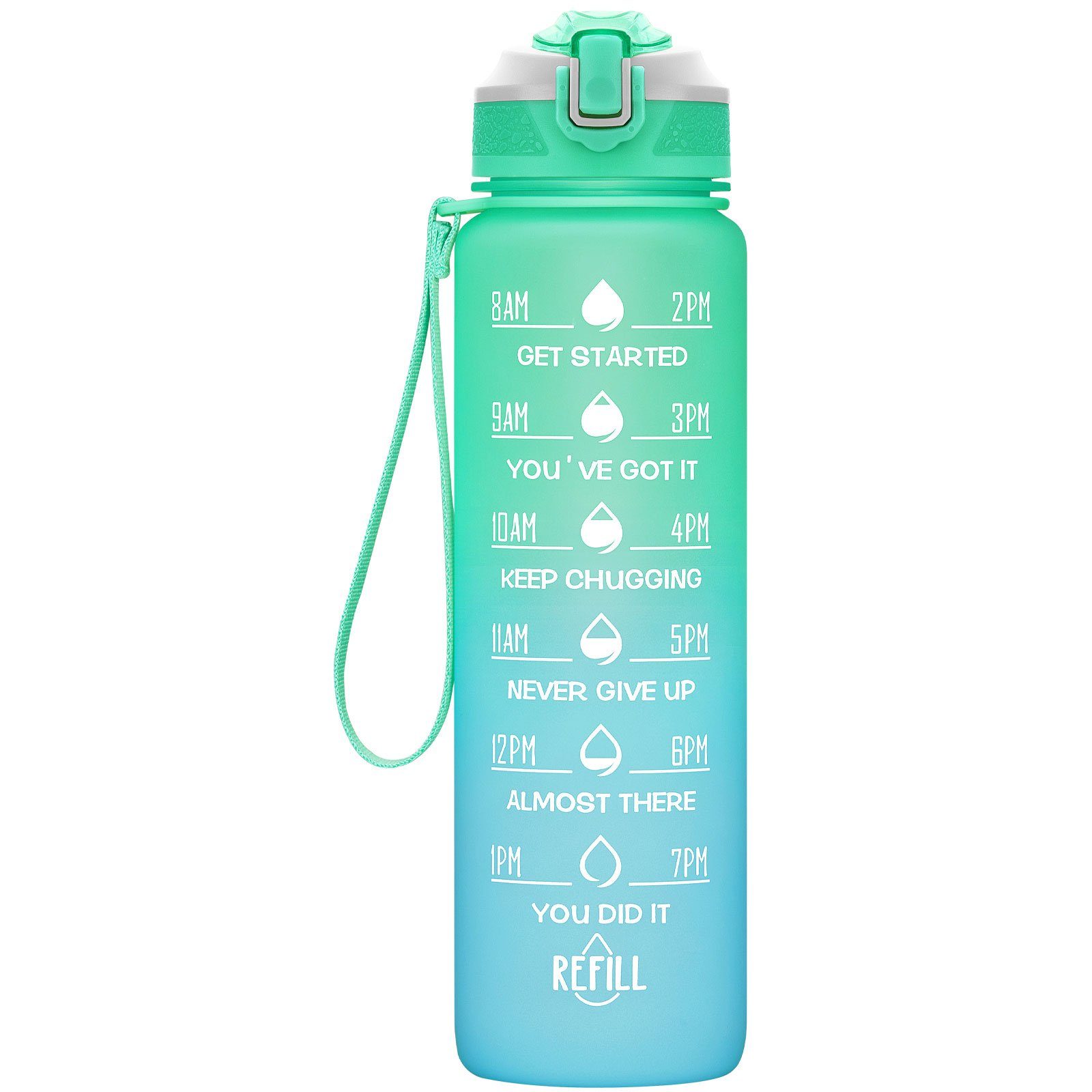 WISHDOR Trinkflasche Sport Wasserflasche Sportflasche Auslaufsicher 1 Liter BPA-Frei 1L, Zeitmarkierung und Strohhalm Fitness Outdoor Camping Fahrrad Wandern Grün/Blau