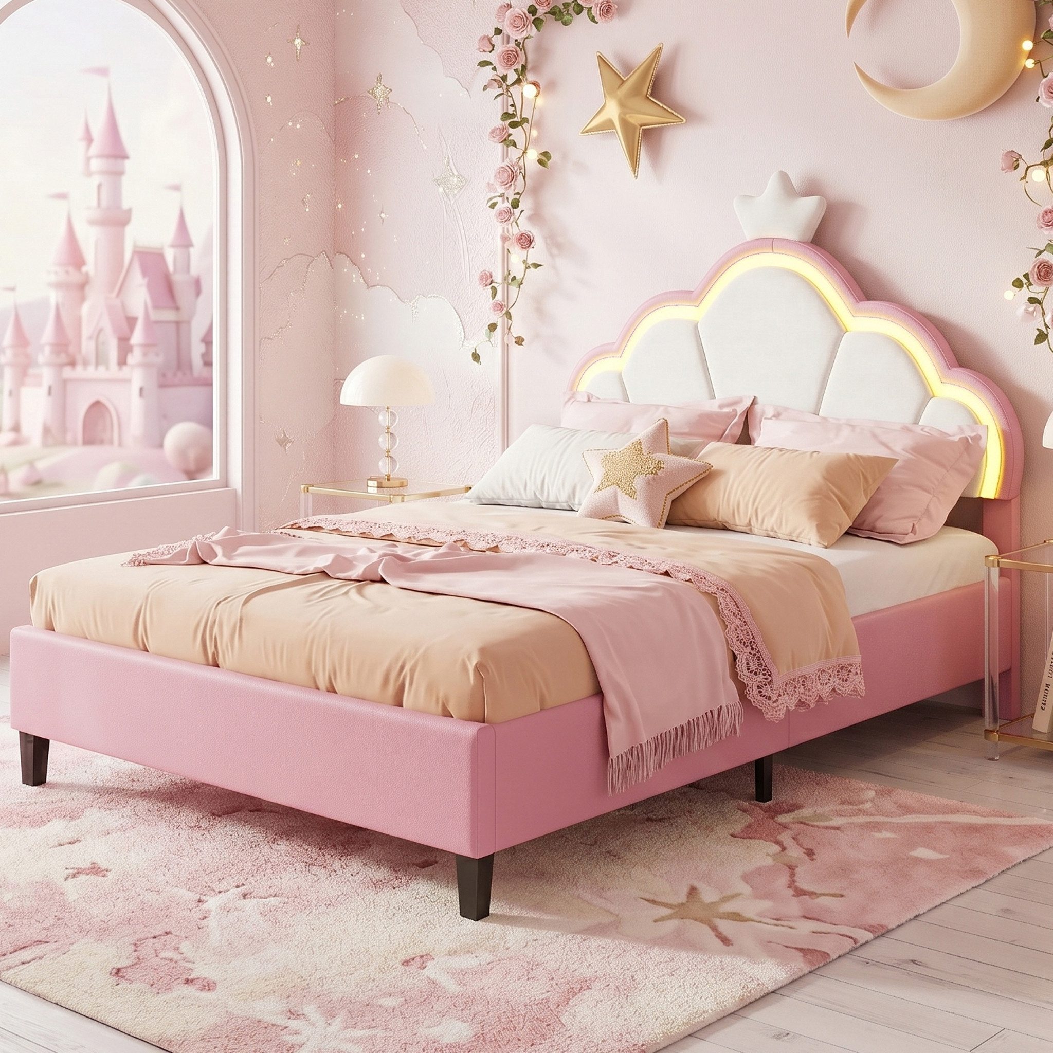 Yelenaro Polsterbett Kinderbett mit LED-Beleuchtung, Samtstoff (Packung, 1-tlg., Jugendbett), 90x190 cm,Mit Kopfteil und Bettgestell,kronenförmiges Kopfteil,Rosa