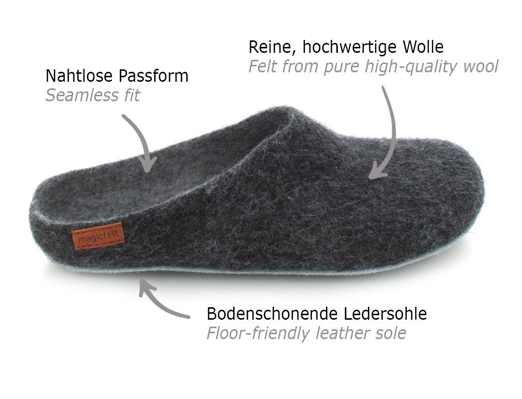 Magicfelt Filzpantoffel mit Ledersohle Hausschuh reine Wolle