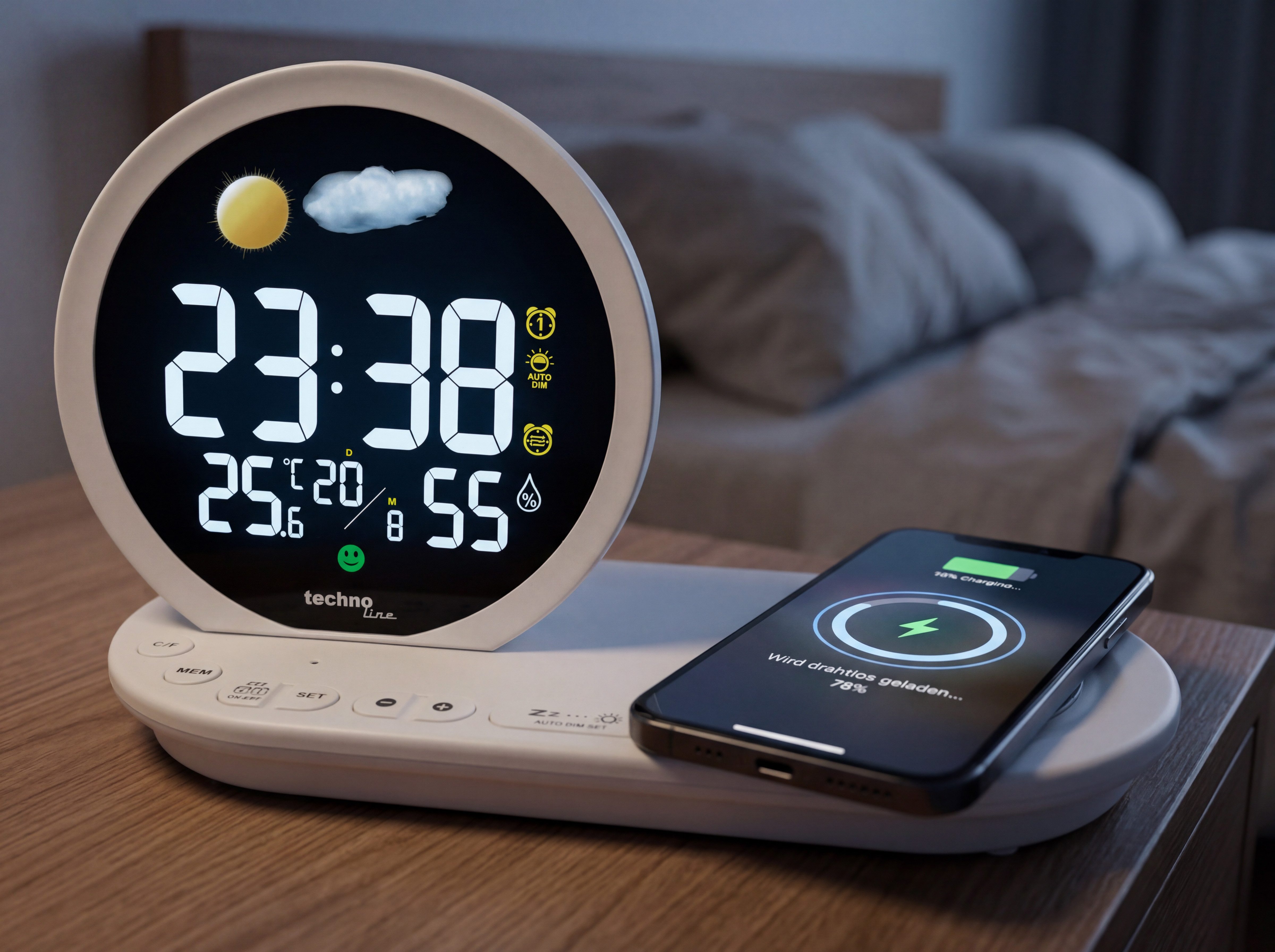 technoline Wecker WT 427 Qi Wireless Charger & USB-Laden, Wettervorhersage, 2 Alarme, Dimmbar