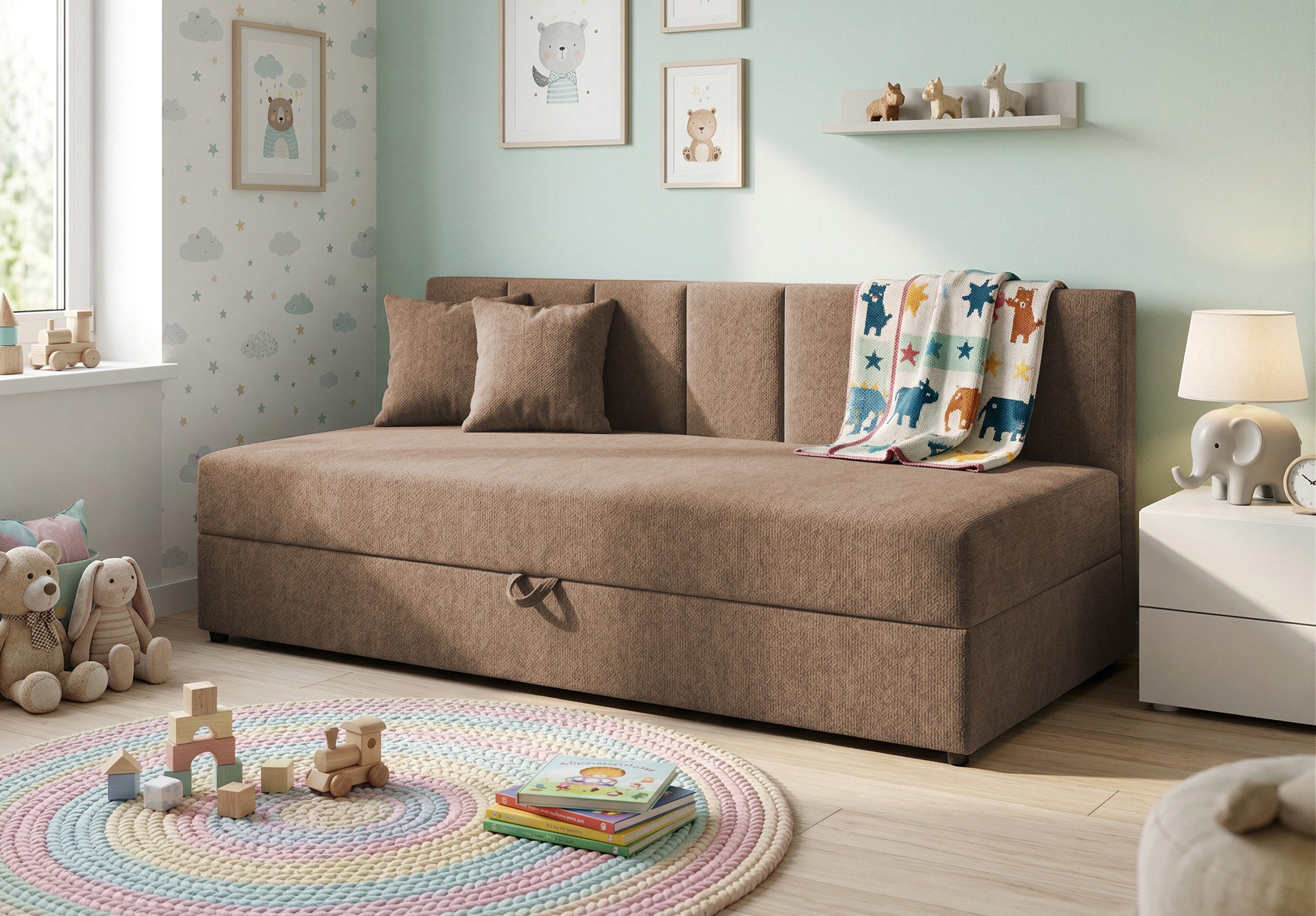 S-Style Möbel Daybett / Tagesbett Lenny mit Rückenlehne und großem Bettkasten, aus Chenille-Stoff, mit Bonellfedern