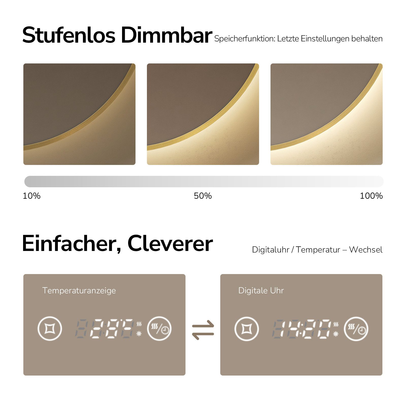 EMKE Badspiegel Rund mit Beleuchtung Gold gebürstet Rahmen (Modell R9, Φ 60-80 cm, Touchschalter), Antibeschlage, Uhr, Temperatur, Dimmbar, Memory-Funktion, IP44