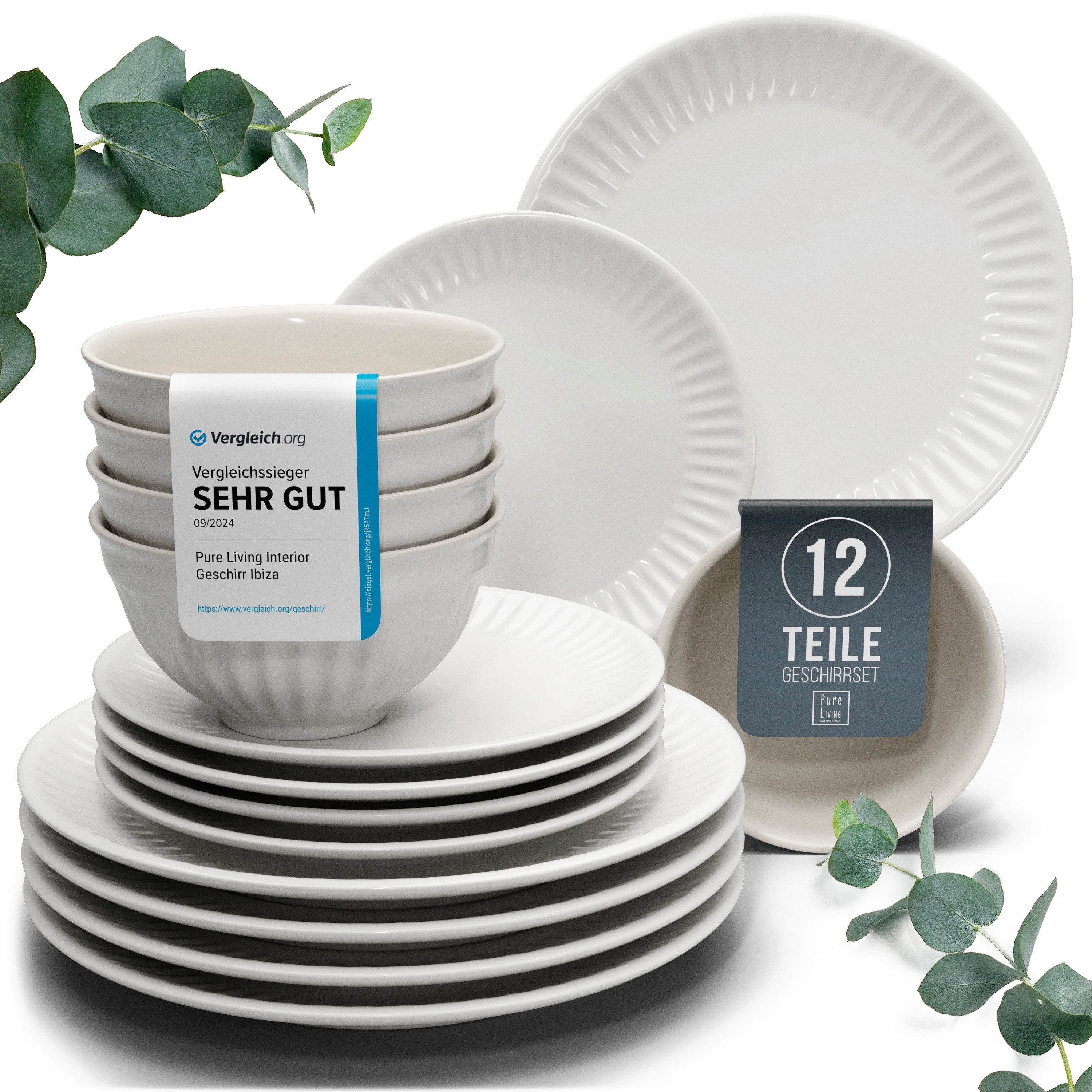 PURE LIVING INTERIOR DESIGN Geschirr-Set Hygge aus Steingut, 12-tlg., für 4 Personen, Hellgrau (1-tlg), 4 Personen, Steingut, Spülmaschinenfest, mikrowellengeeignet, kratzfest und alltagstauglich