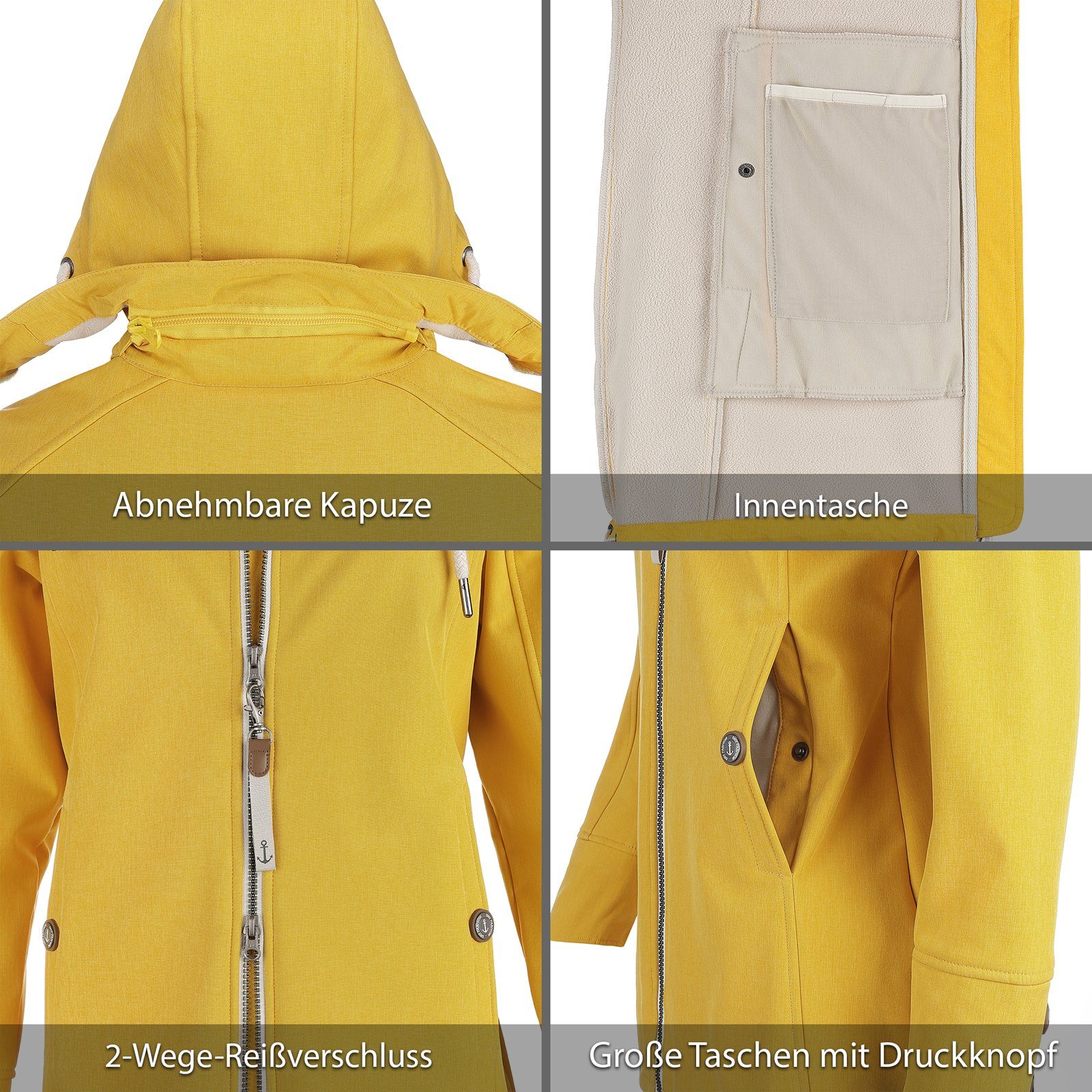 Dry Fashion gelb und Kapuze Mantel Meliert mit Damen Sellin Softshelljacke Softshell Fleece-Futter