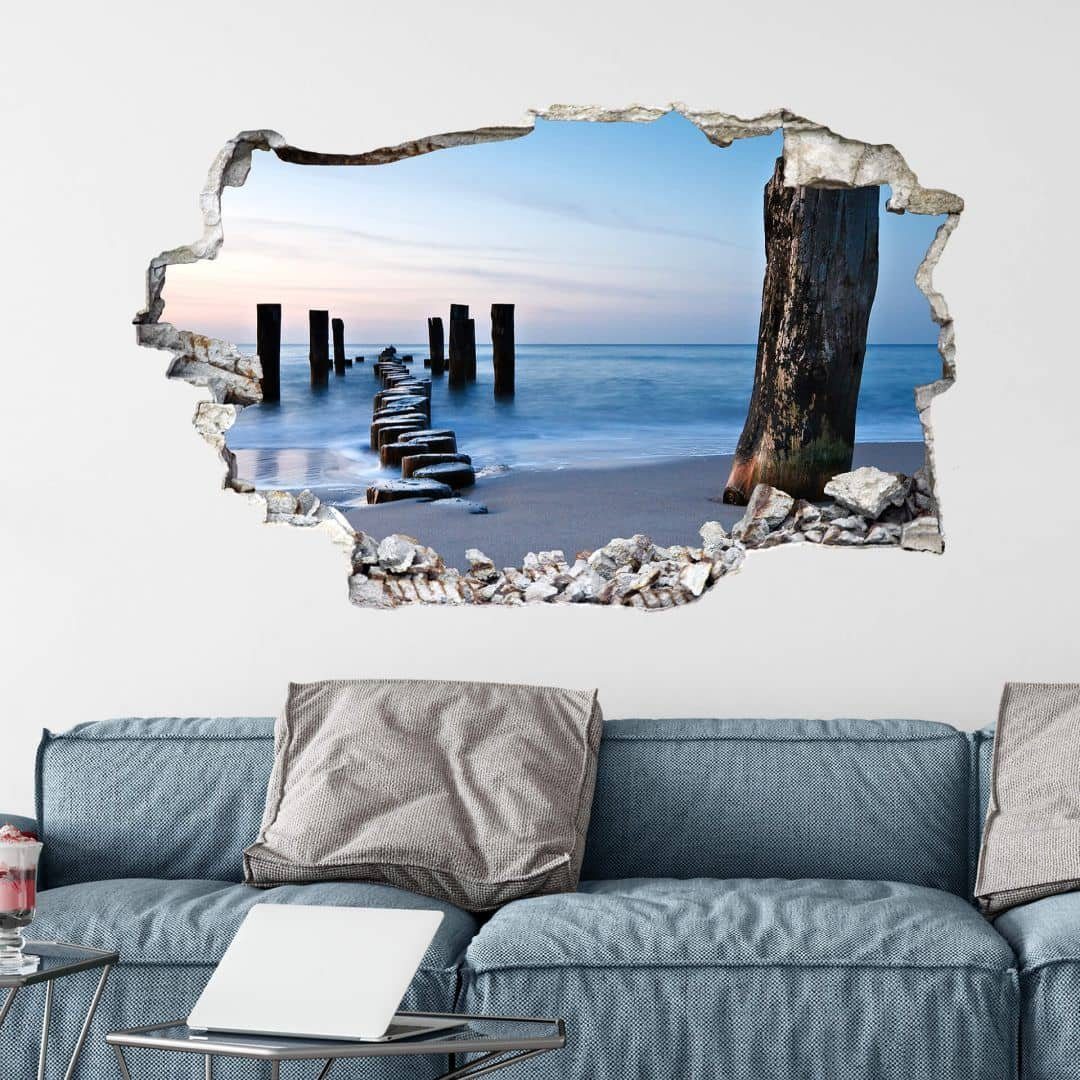 K&L Wall Art Wandtattoo 3D Wandtattoo Aufkleber Holzpfeiler am See Strand Meditation Shore Evening, Mauerdurchbruch Wandbild selbstklebend