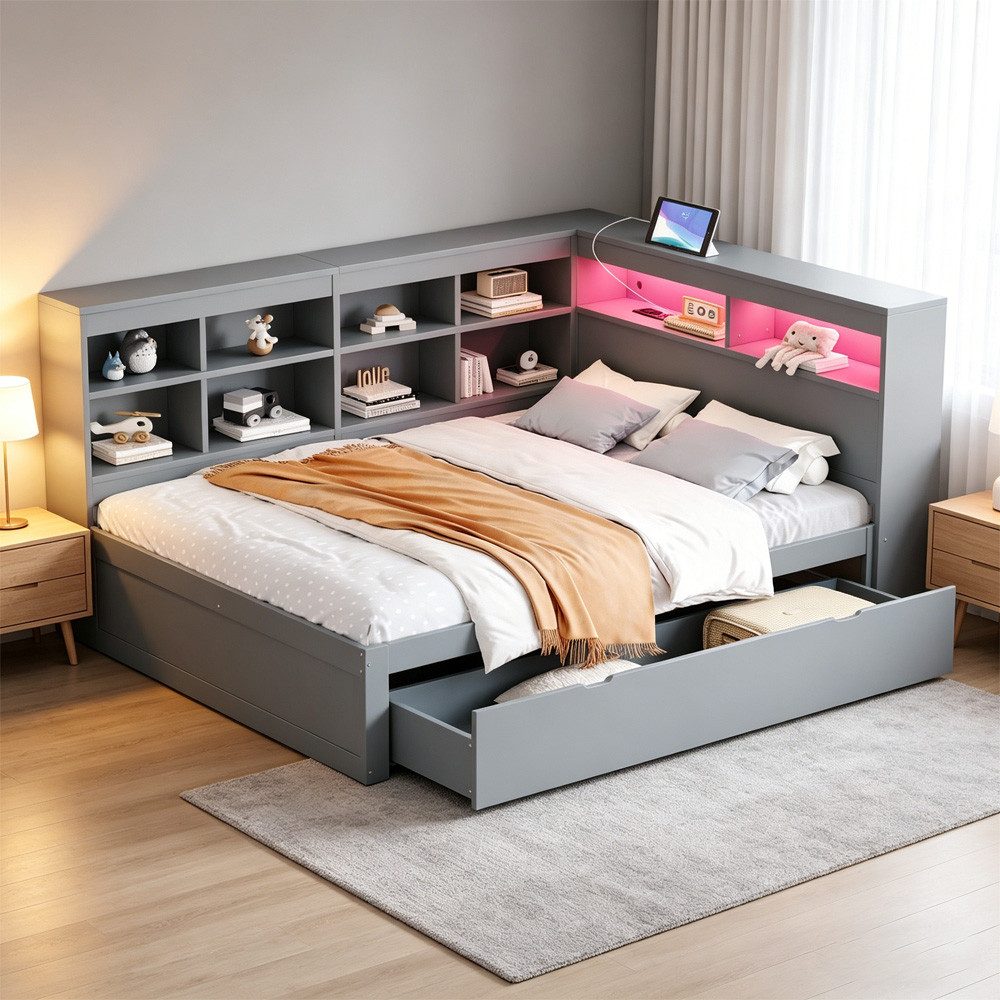 REDOM Stauraumbett mit USB-Steckdose und LED-Beleuchtung, mit Regalen und Ablagefächern (mit Schubladen,Kinderbett Jugendbett, 140x200cm), ohne Matratze