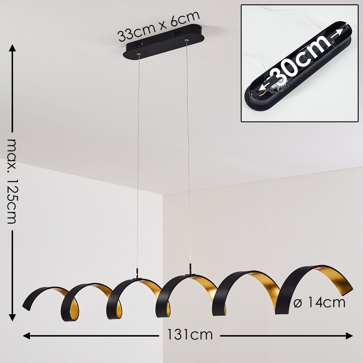 hofstein Pendelleuchte »Delia« dimmbare Hängelampe aus Metall in Schwarz/Gold, 3000 Kelvin, längliche Hängeleuchte, Höhe max. 125cm, 6x5 Watt, 1800 Lumen