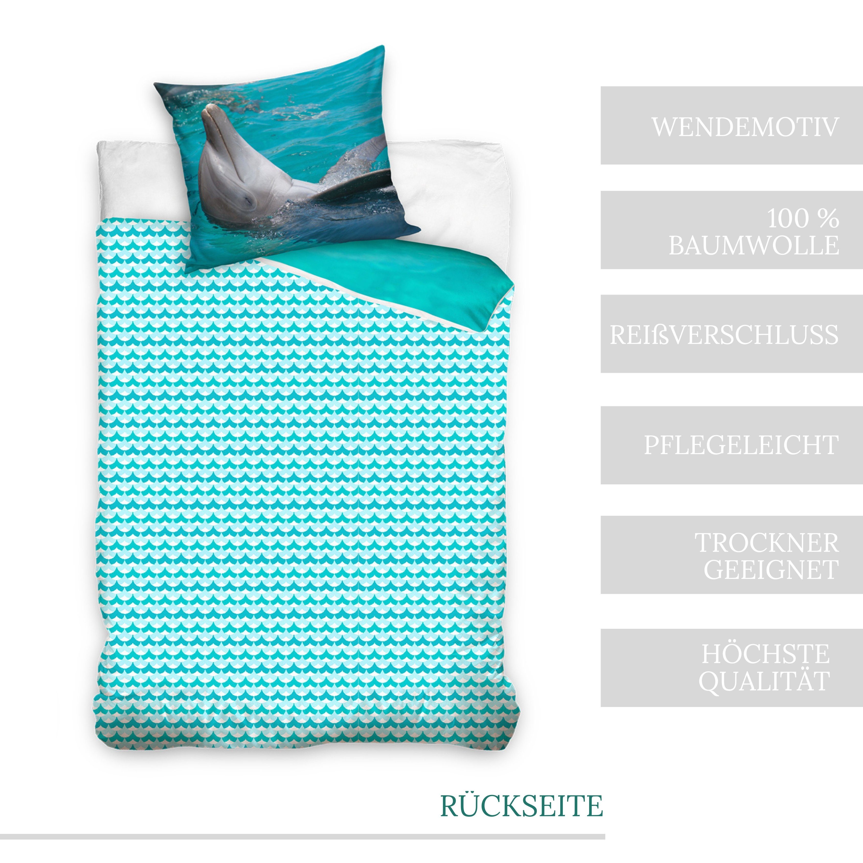 MTOnlinehandel Bettwäsche Delfin 135x200 + 80x80 cm, 100 % Baumwolle, Renforcé, 2 teilig, Delphin, Meer, Ozean Bettwäsche-Set in blau & türkis