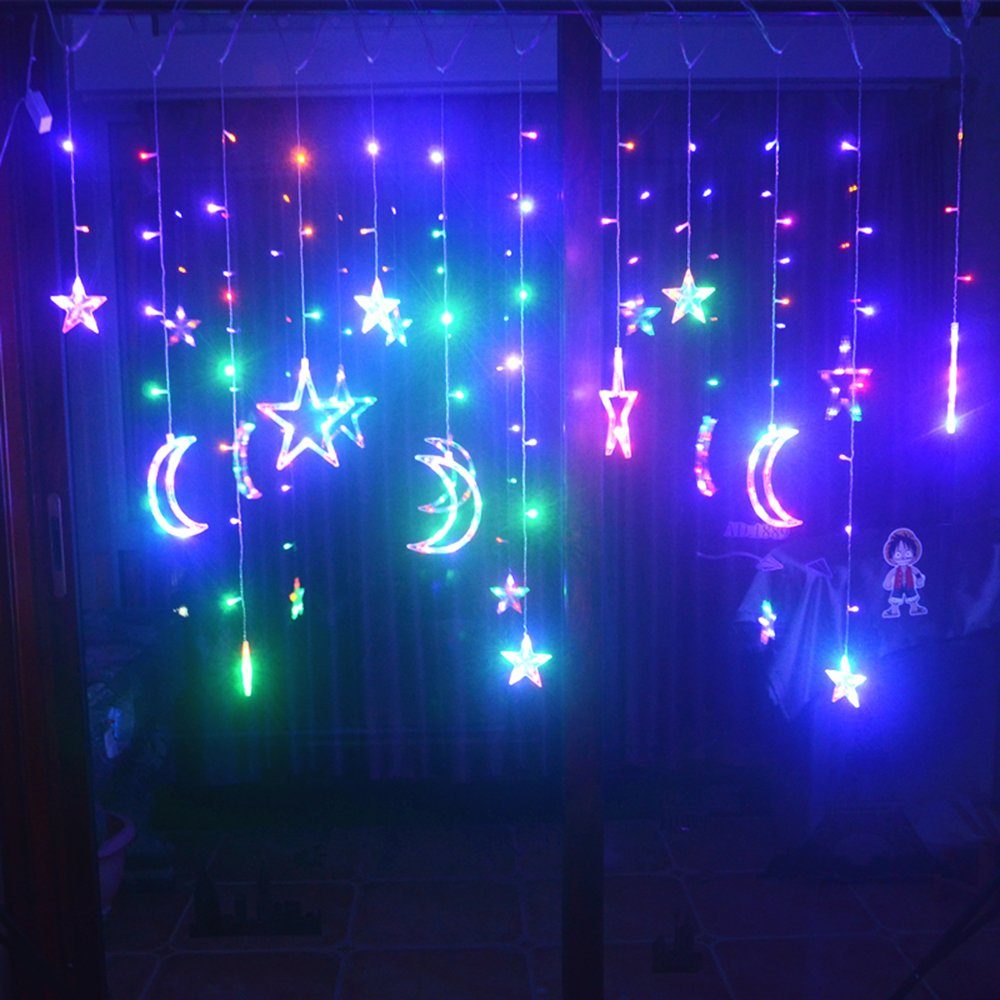 Sunicol Lichterkette Sterne Mond LED Lichtervorhang mit Stecker, 8 Modi, Timer, 3.5M, Speicherfunktion, für Weihnachten Hochzeit Party – Bild 4 von 5
